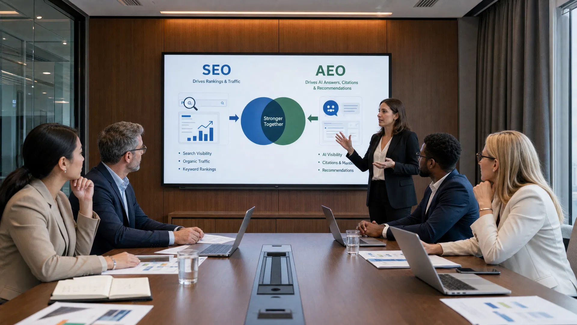 Leadership team reviewing how SEO and AEO work together inside a digital visibility strategy