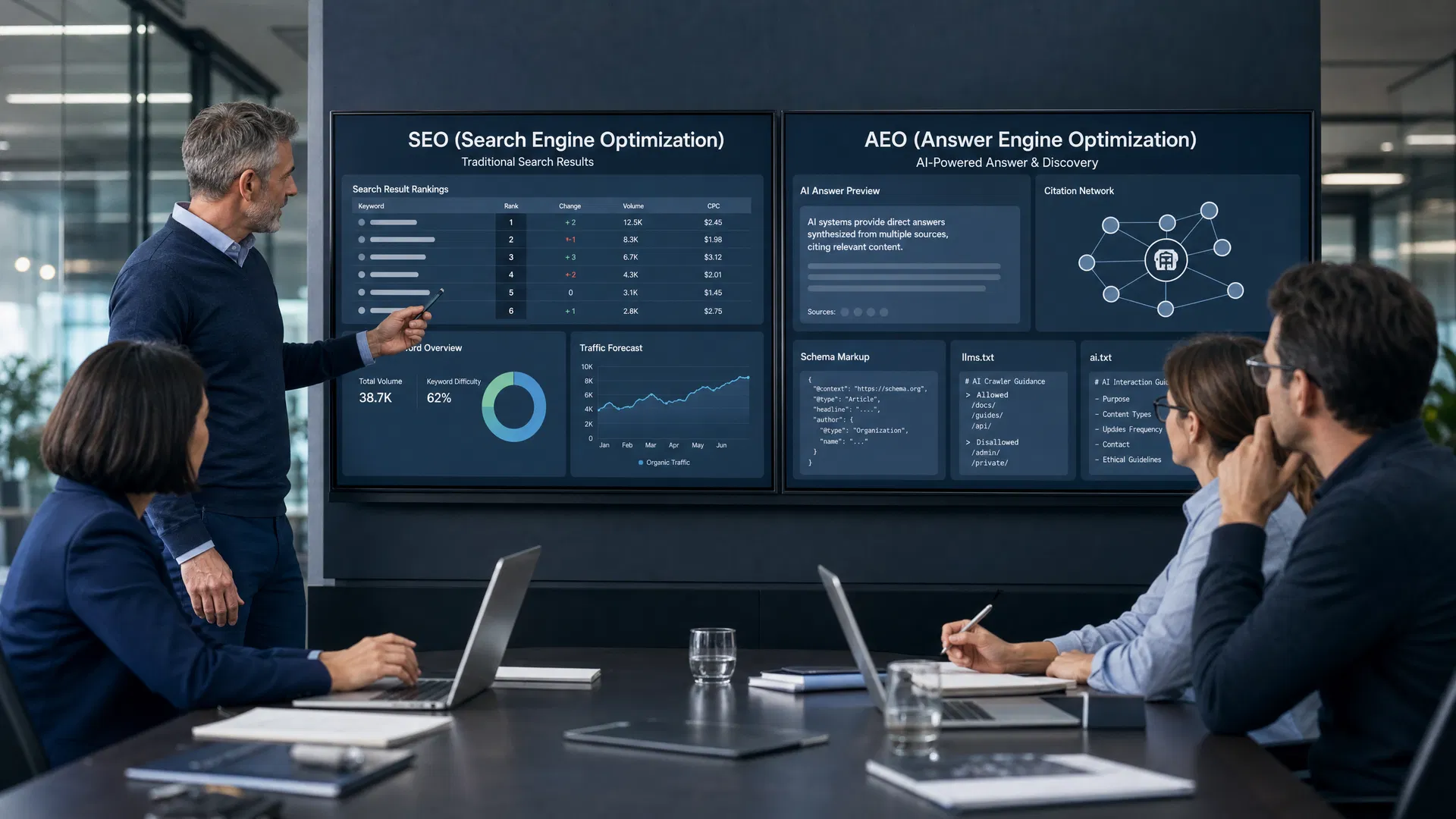 Executive team comparing SEO and AEO strategy on a presentation screen in a modern conference room