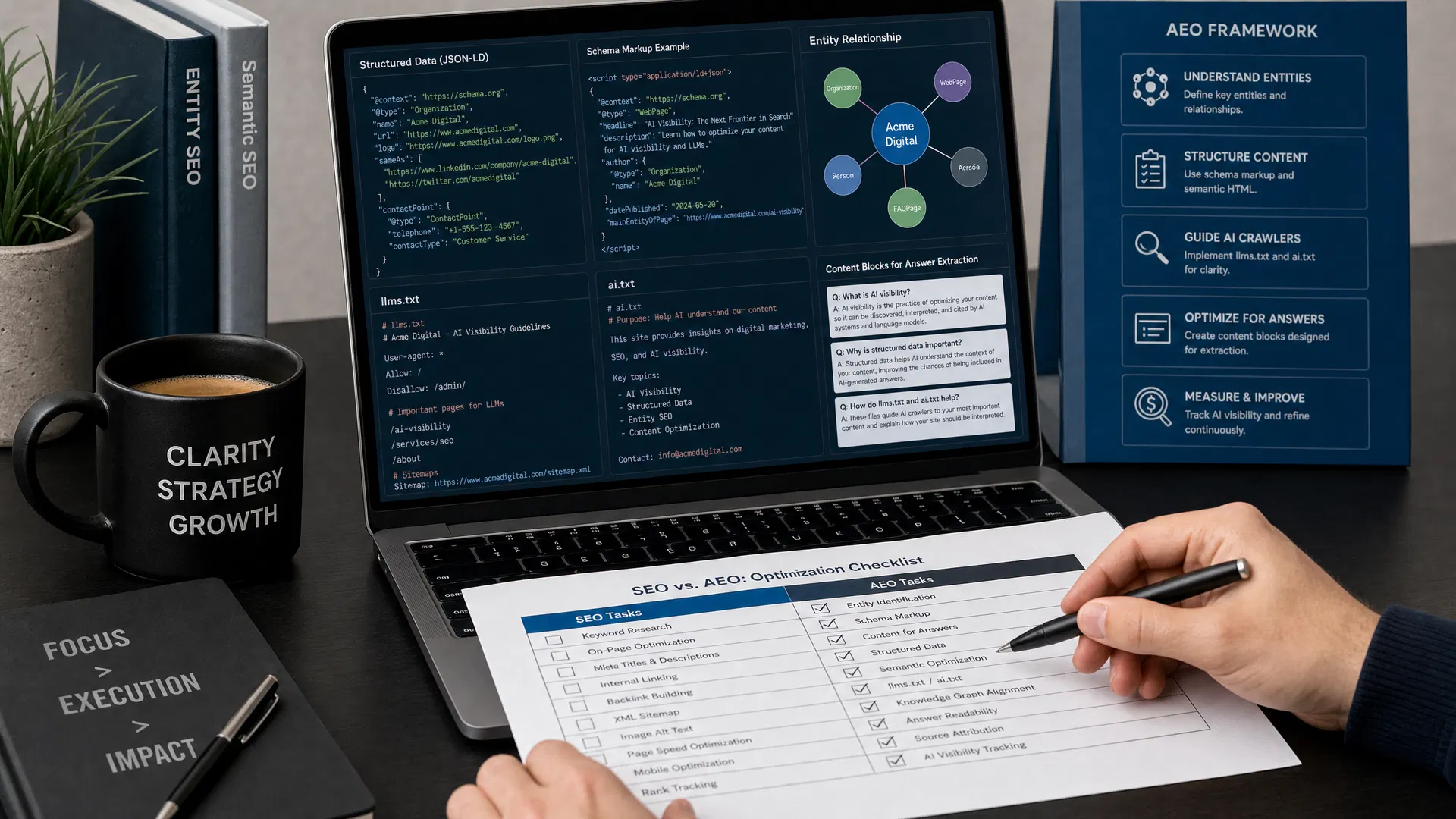 Laptop showing schema markup, llms.txt, ai.txt, and an SEO versus AEO optimization checklist