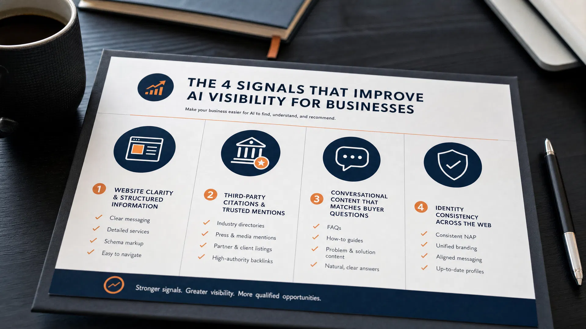 Four elements that improve AI visibility for B2B businesses: website clarity, third-party citations, conversational content, and identity consistency.