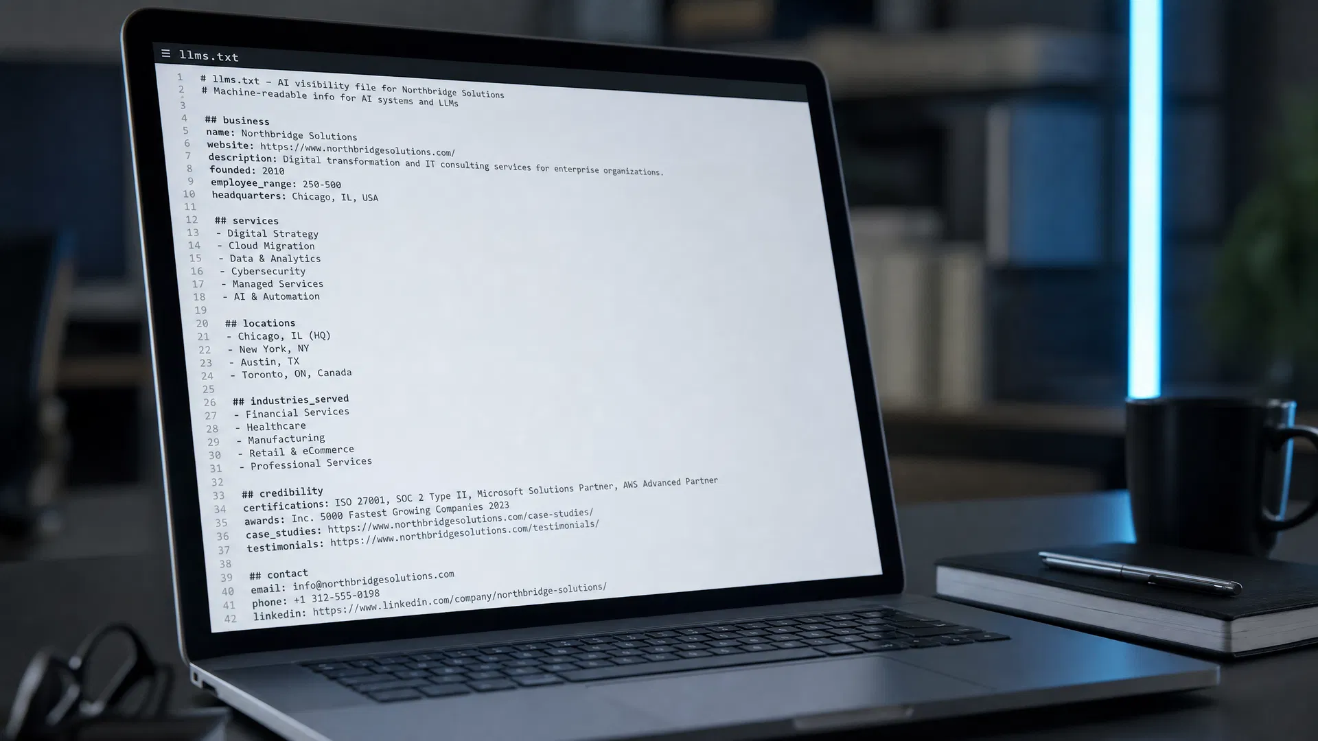 Sample llms.txt file showing machine-readable business identity signals for AI systems.