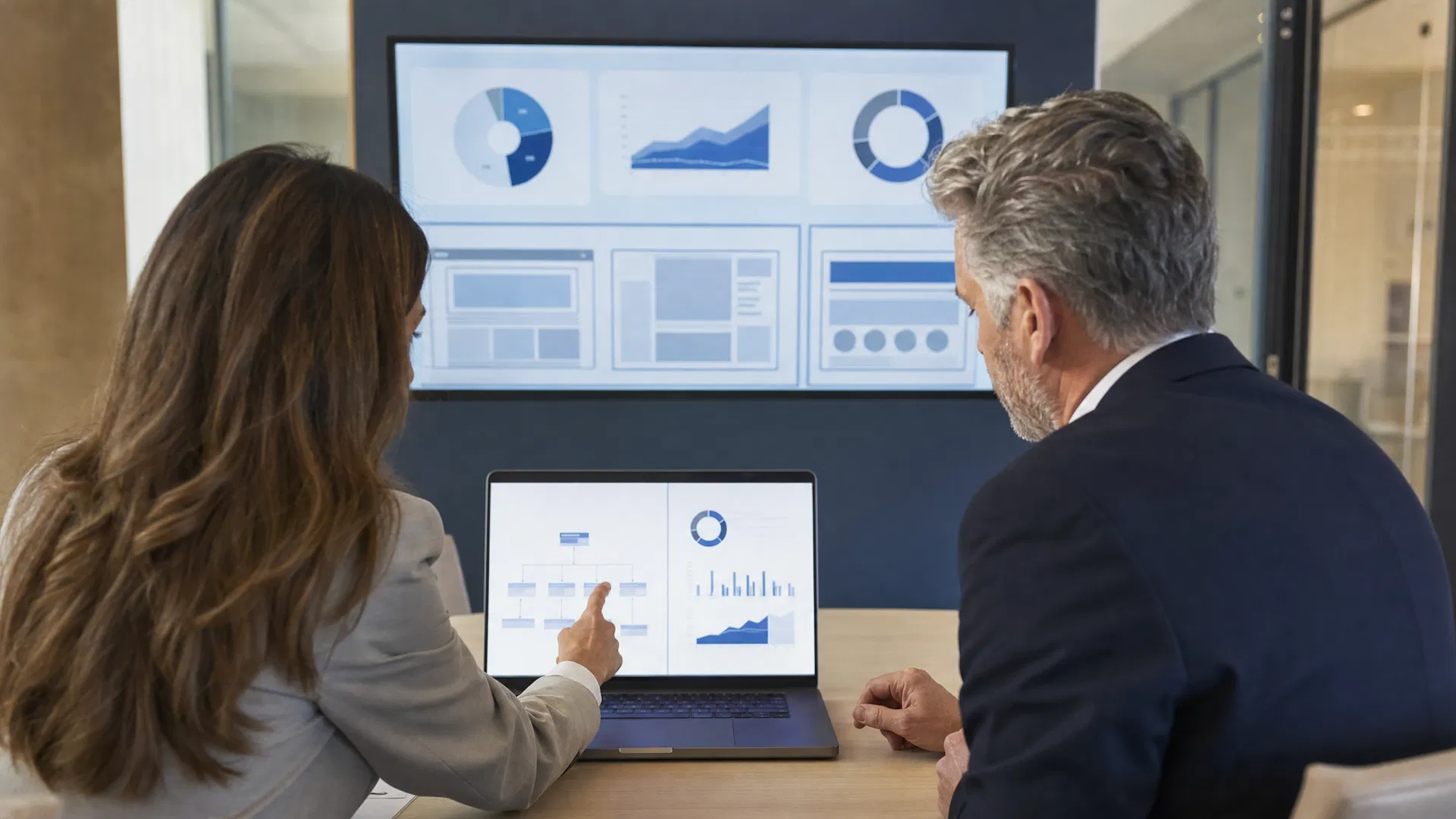 Strategist and firm leader reviewing website structure and analytics during an AI visibility work session