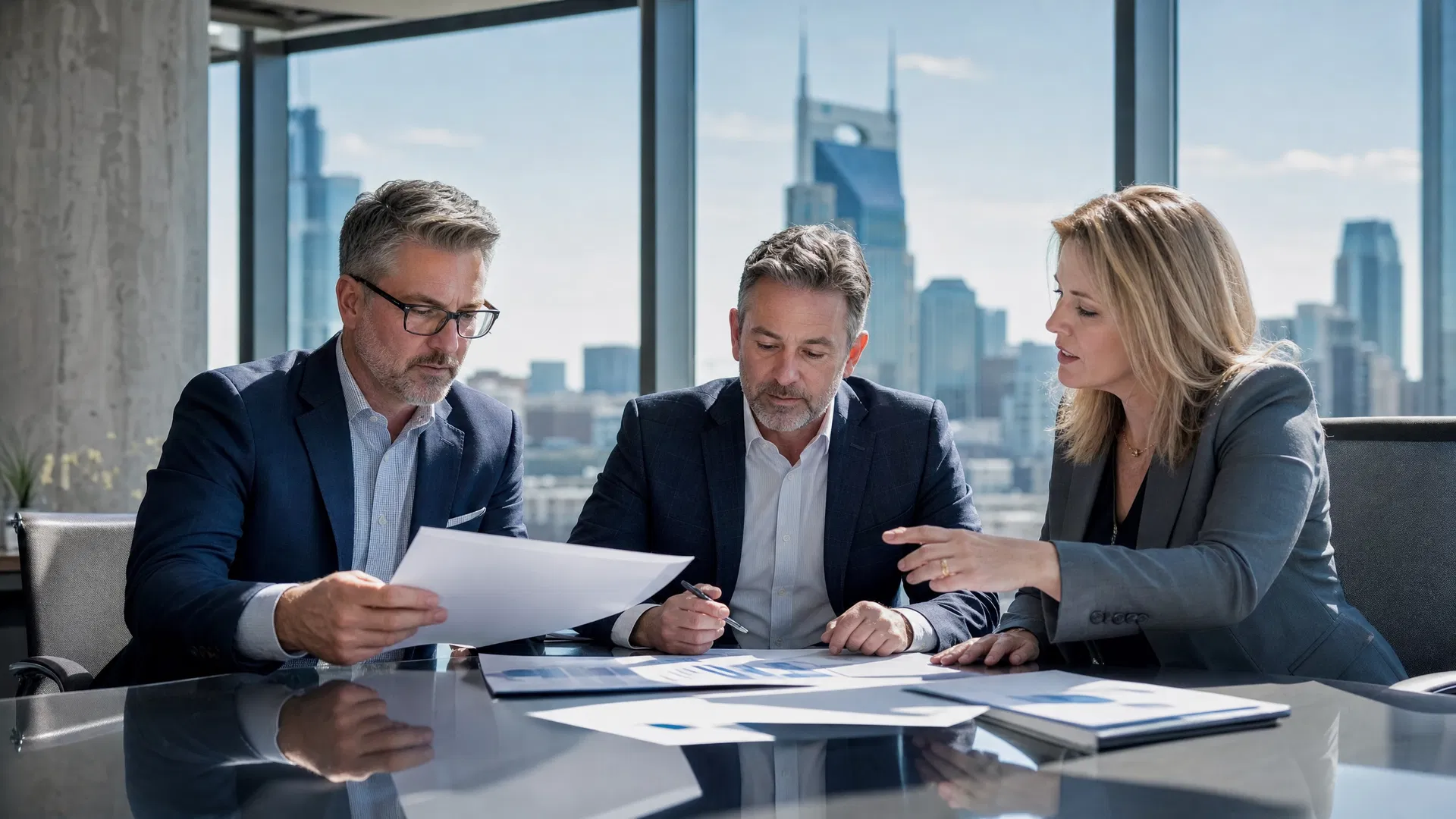 Leadership team at a mid-size accounting firm in Nashville reviewing growth and visibility reports in a conference room