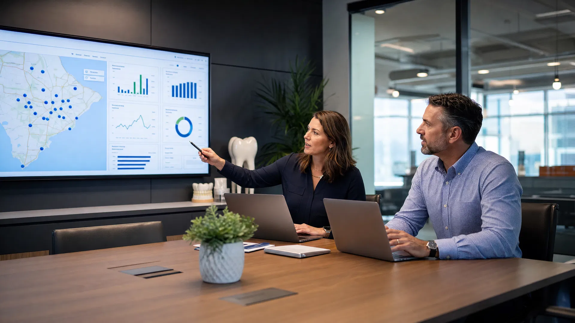 Dental support organization leaders reviewing multi-location visibility dashboards in a modern office