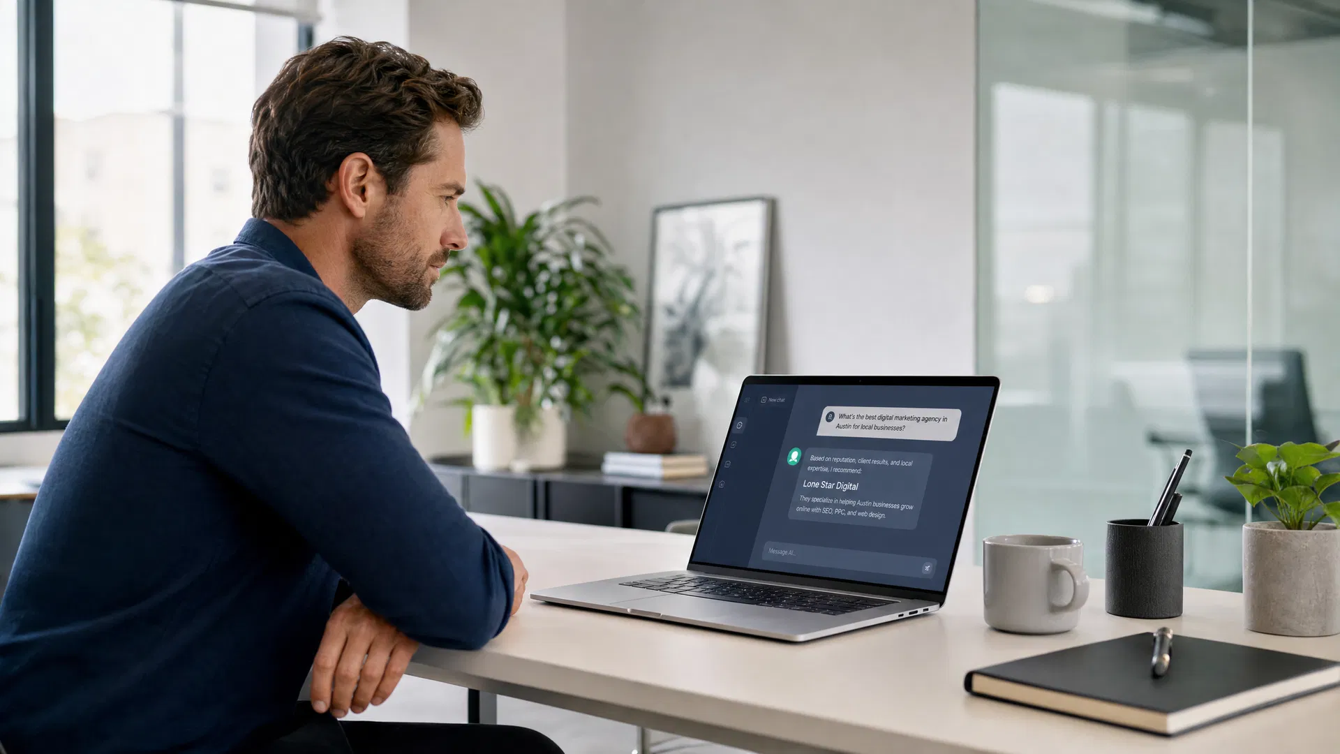 A business owner reviewing AI search results on a laptop to understand their AI visibility.