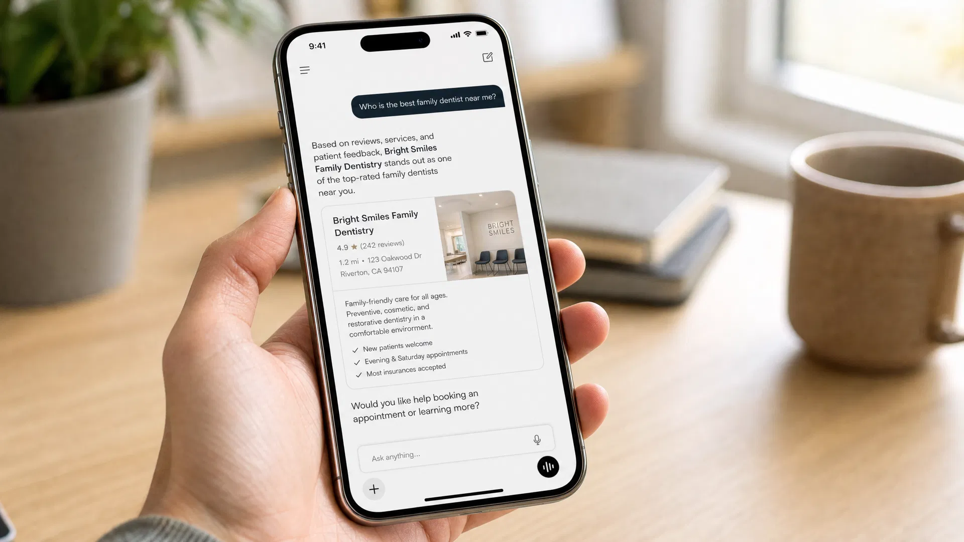 A smartphone screen showing an AI recommendation naming a local business, representing what AI visibility looks like when a buyer asks ChatGPT or Perplexity for a recommendation.