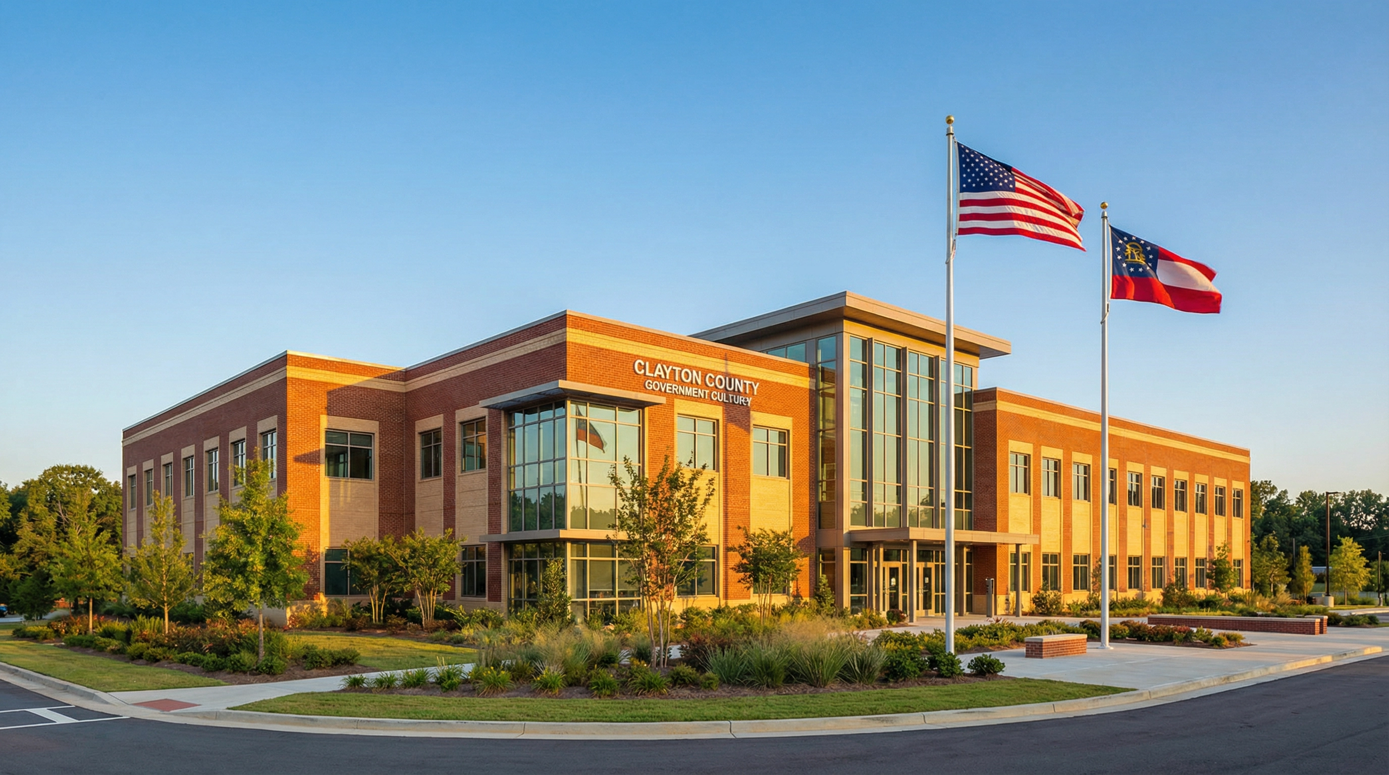 Clayton County government building at golden hour