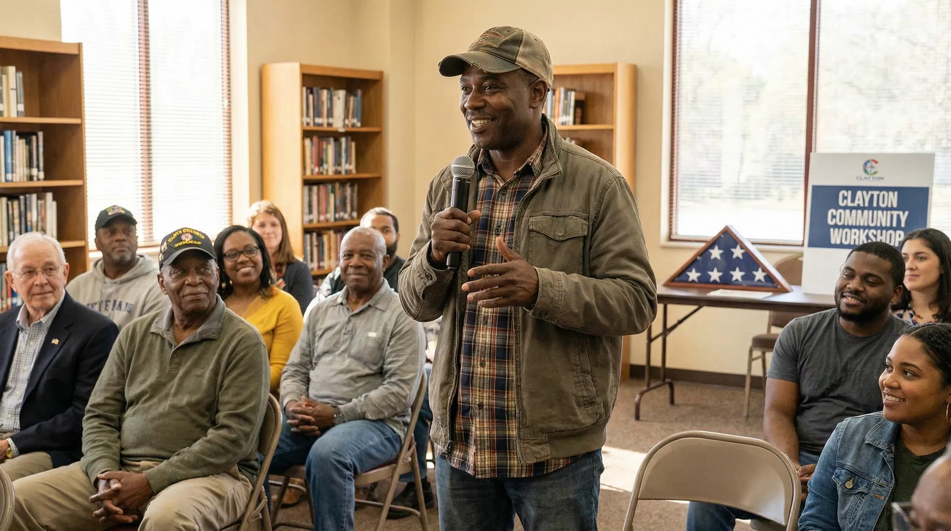 Veteran speaking at a Clayton County community workshop