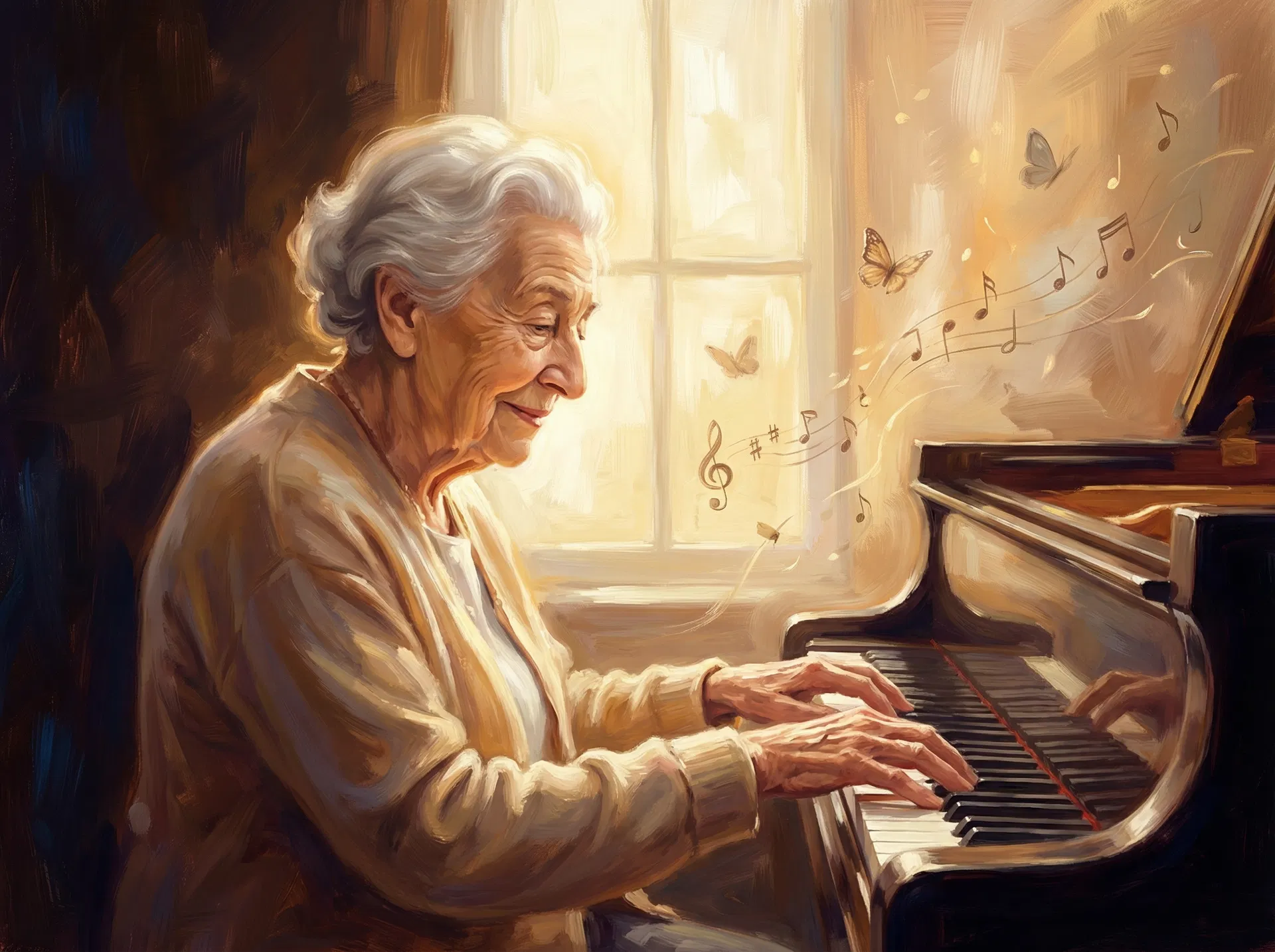 Illustration d'une pianiste âgée jouant du piano dans une lumière dorée — hommage à Alice Herz-Sommer, survivante de la Shoah et symbole de résilience
