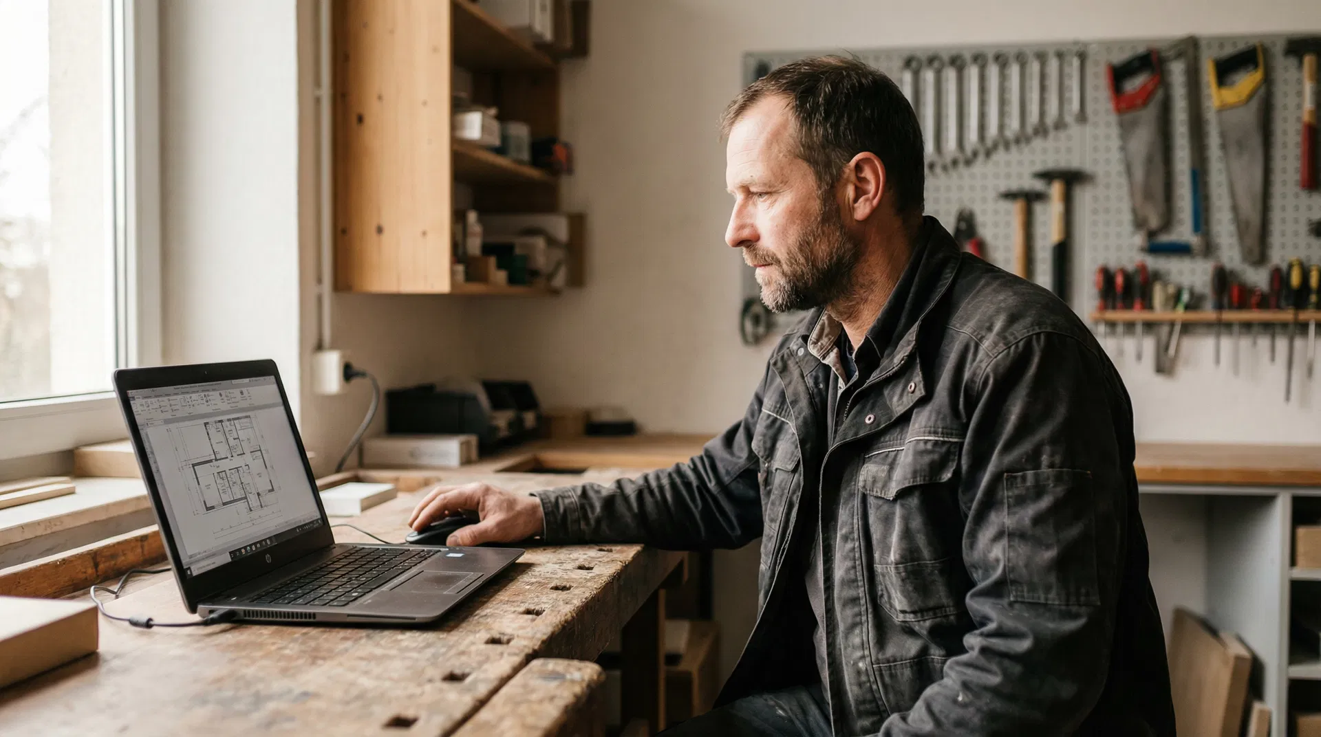 Handwerker am Laptop in der Werkstatt – KI-Grundlagen für das Handwerk