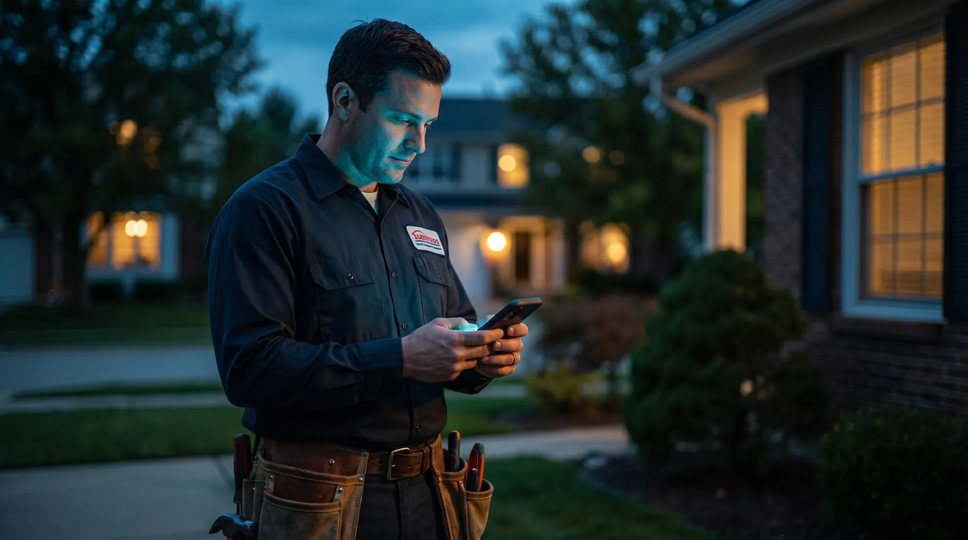 A tradesperson checking his phone outside a residential home at dusk