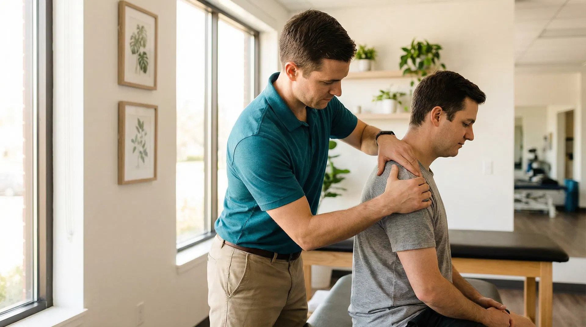 理学療法士による肩の整体施術の様子。痛みに配慮した丁寧な施術