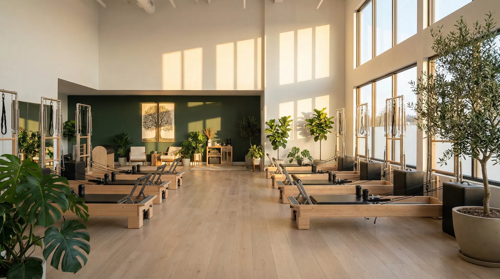 ASSISTREEのスタジオ内観。ピラティスリフォーマーが並ぶ清潔な空間