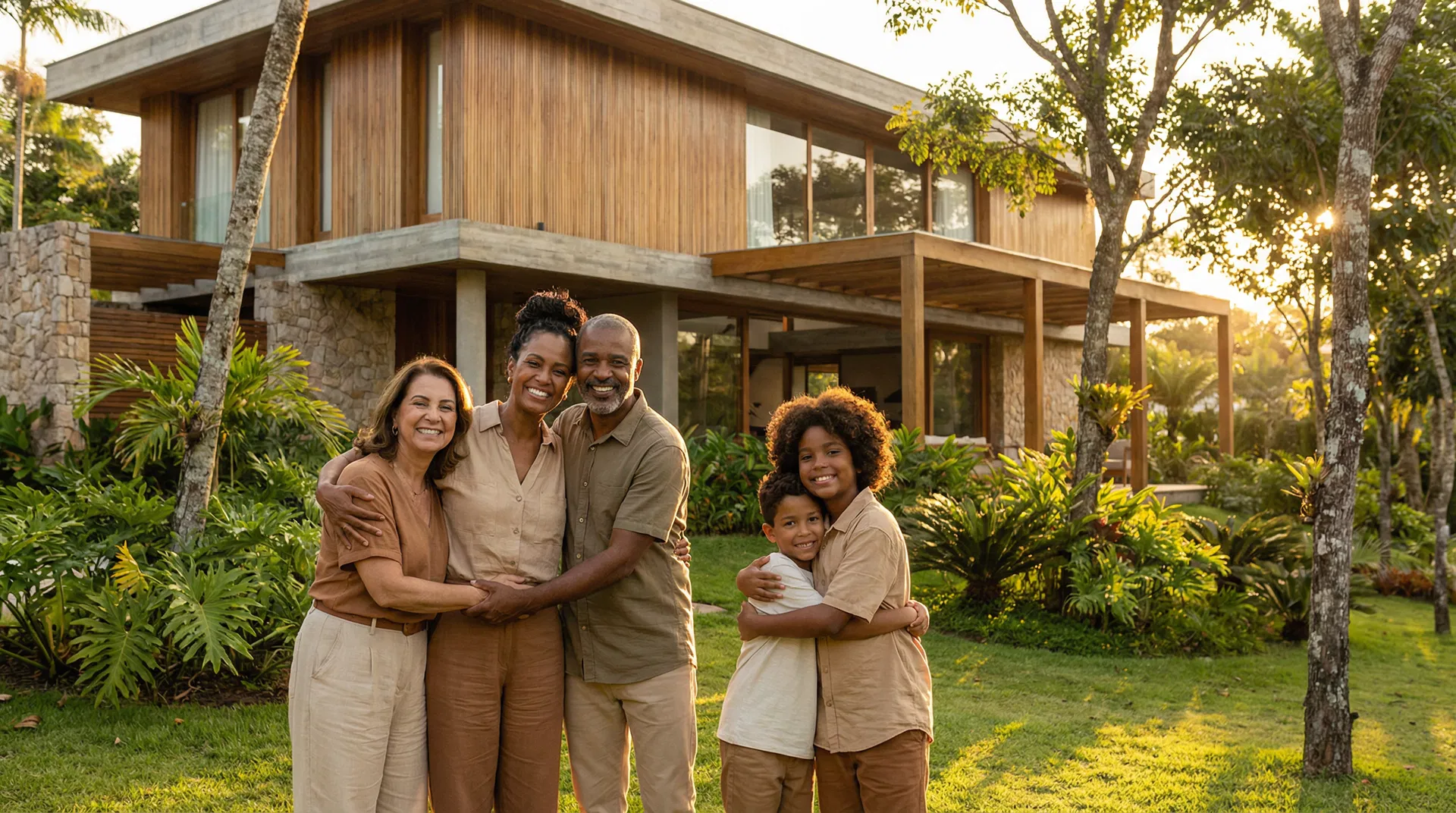 Família feliz na frente de sua casa nova