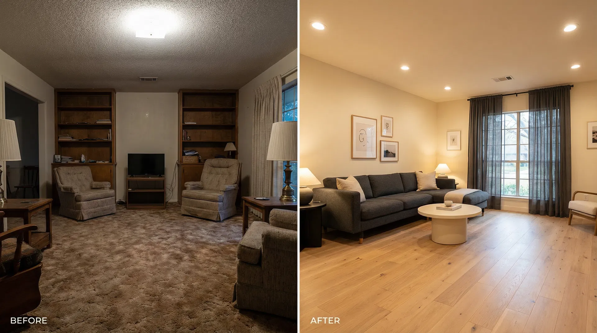 Before and after flooring transformation in Austin home