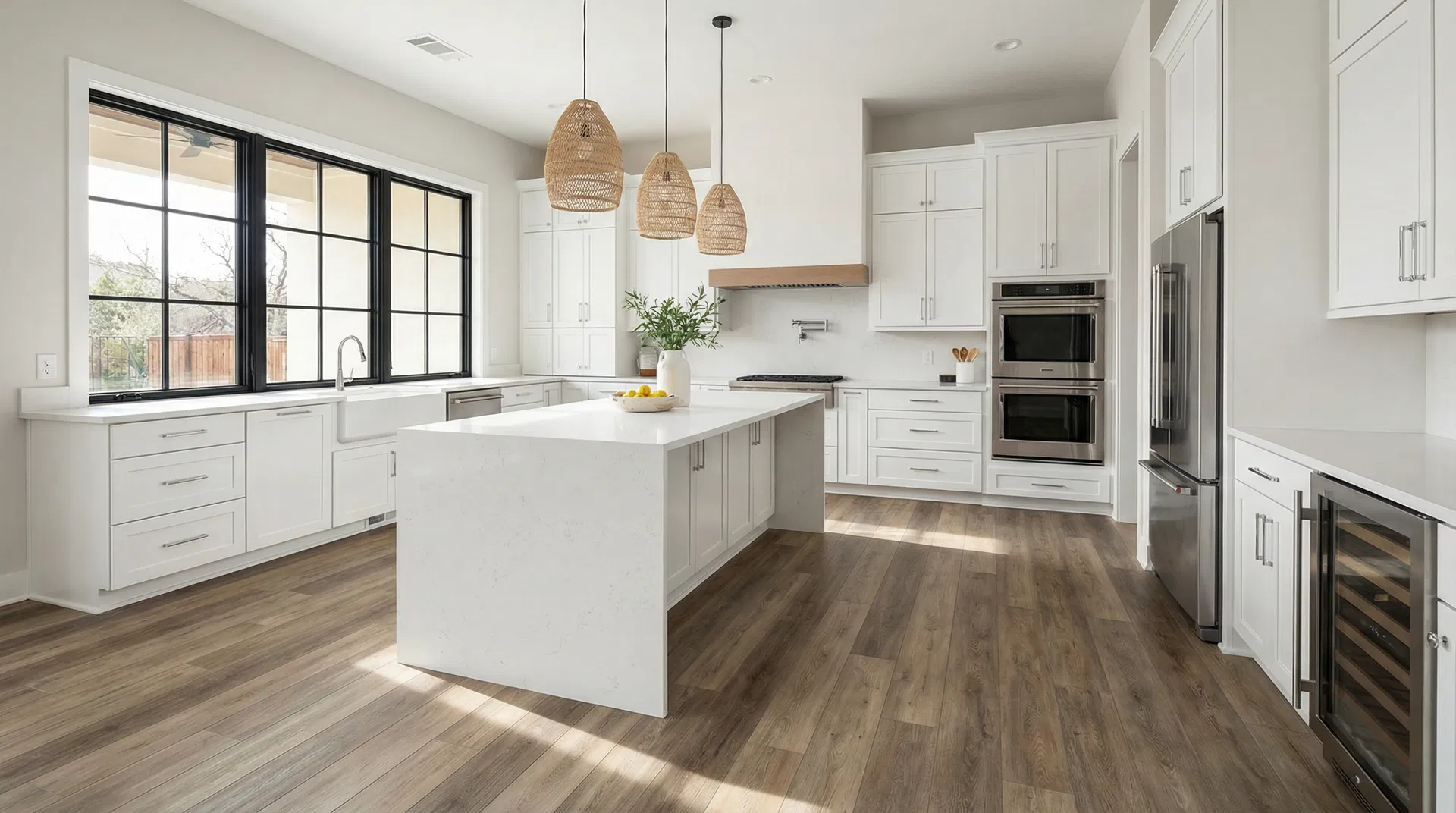 Premium LVP flooring installation in a modern Austin kitchen — COREtec, Shaw, and Mohawk comparison