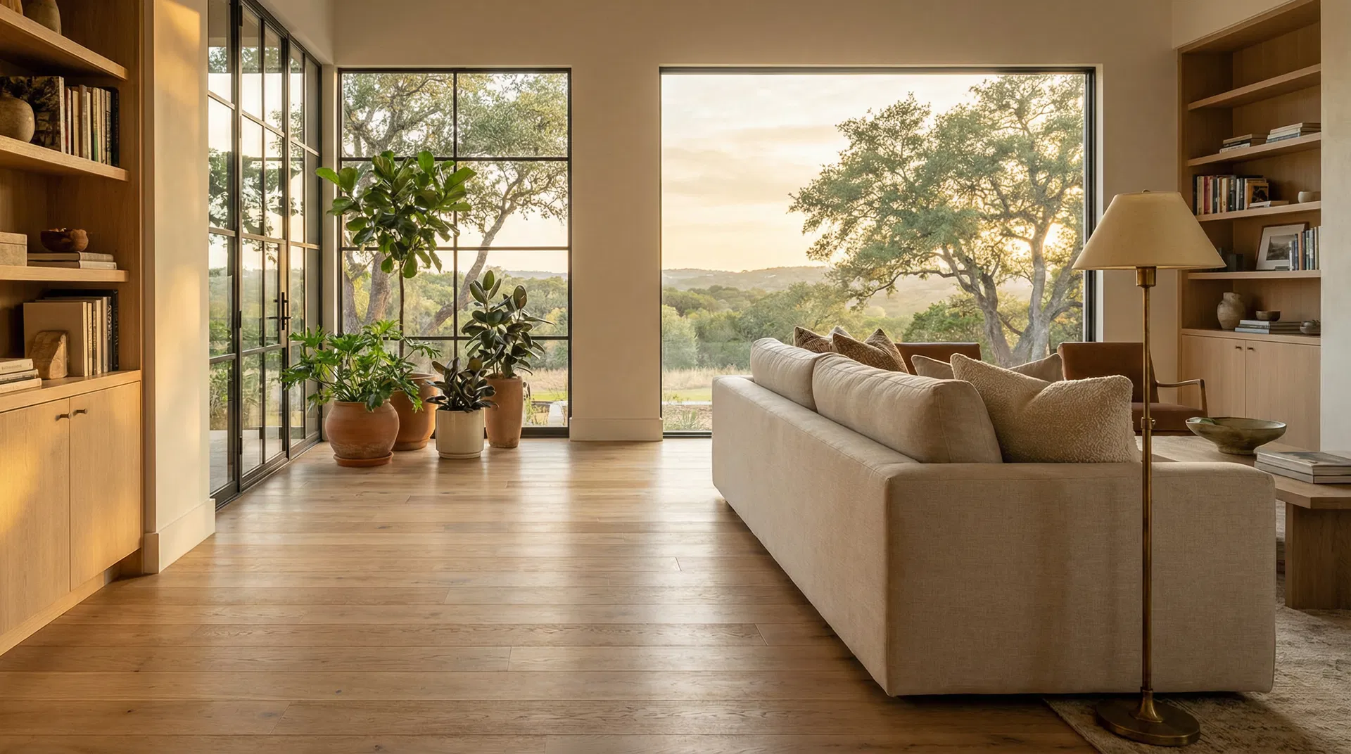 Wide-plank warm hardwood flooring in a modern Austin living room with Hill Country views