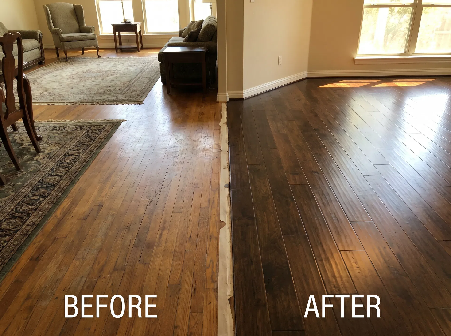 Open plan living room with dark hardwood refinishing in Austin