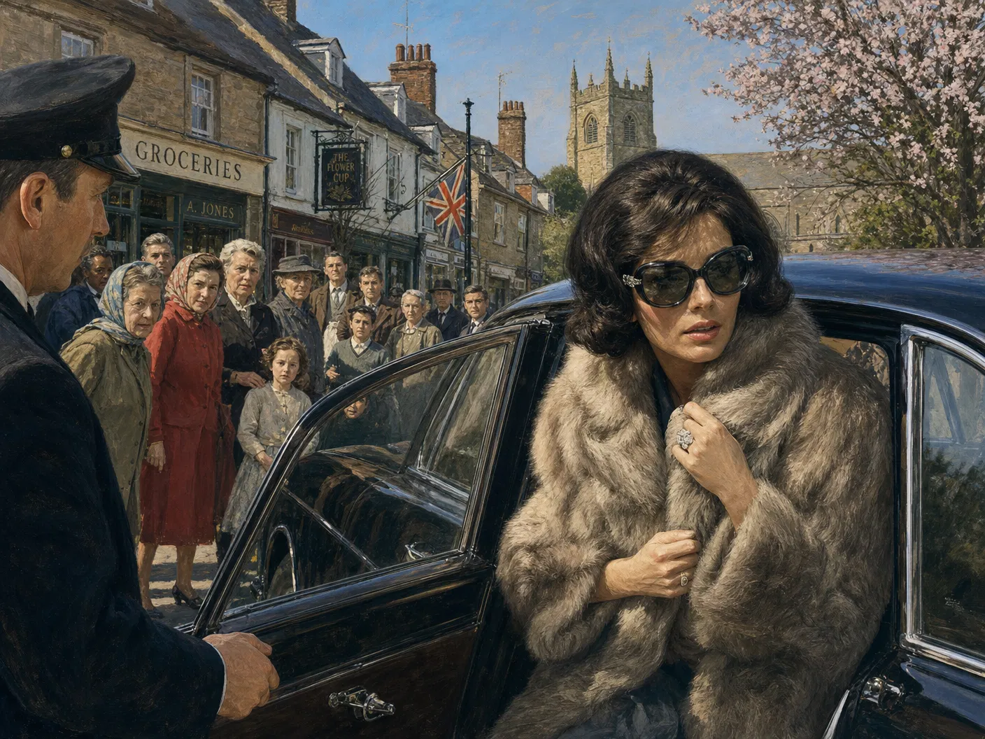 A famous film star arrives in the village in a large car.