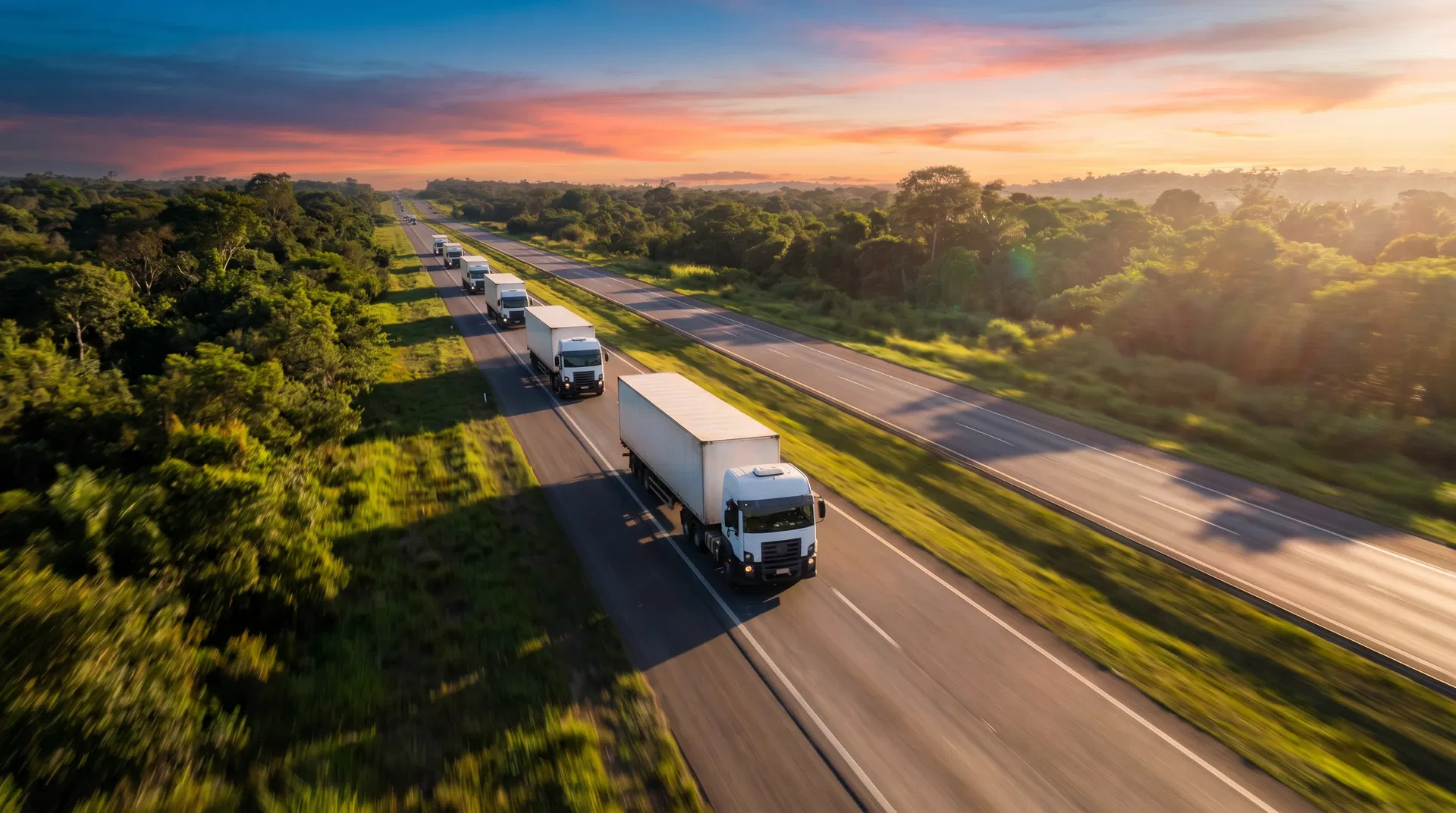 Frota de caminhões na rodovia
