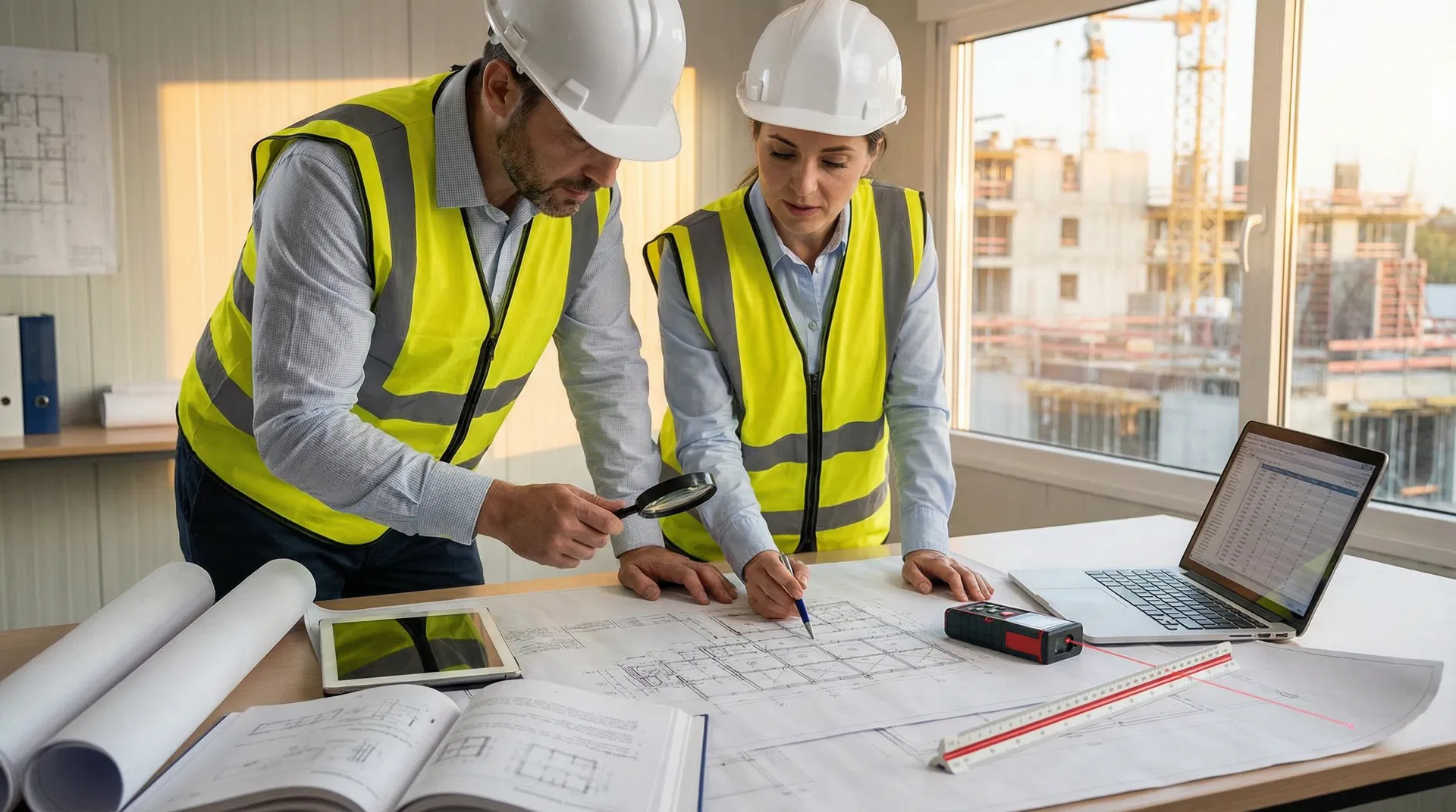 Engenheiros analisando blueprints