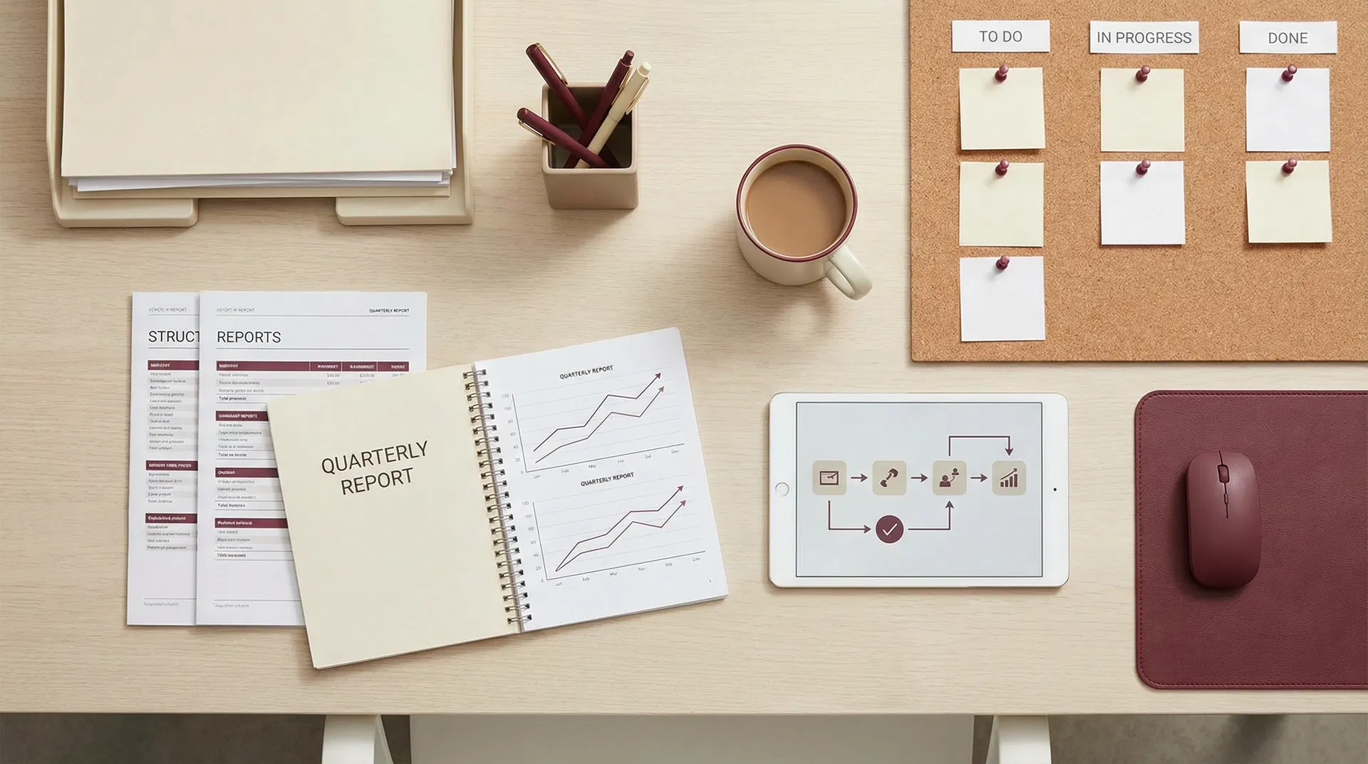 Workspace organizado com ferramentas de gestão