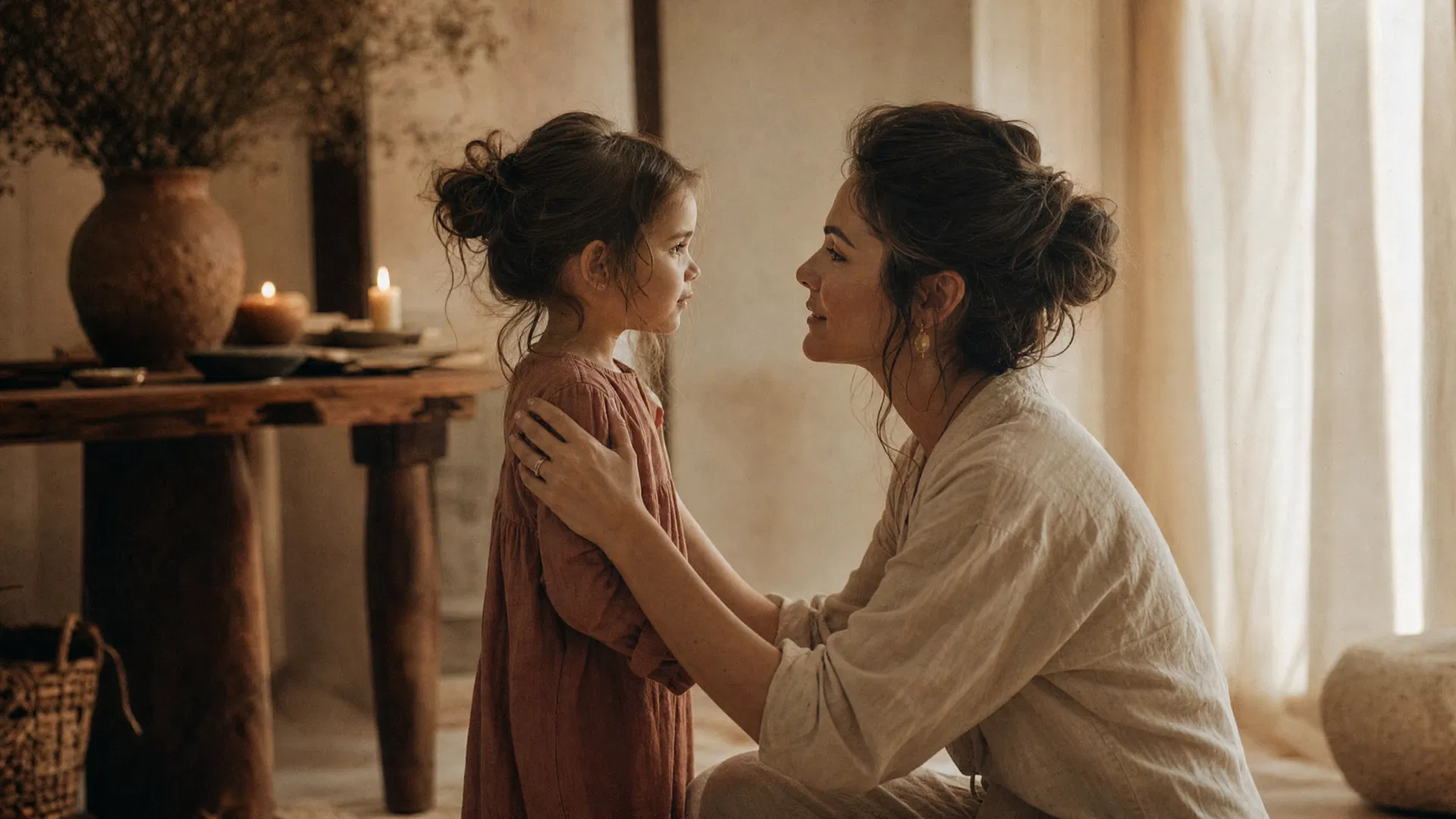 A mother kneeling to her daughter's level in a warm candlelit room