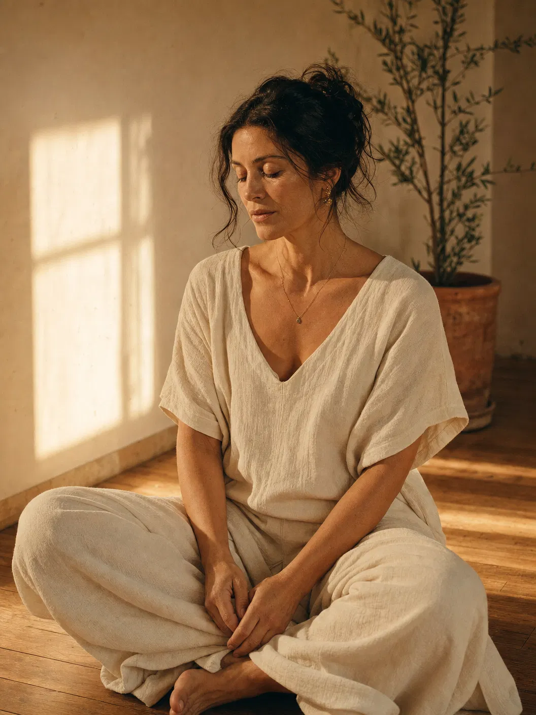 A woman sitting in quiet reflection in warm morning light