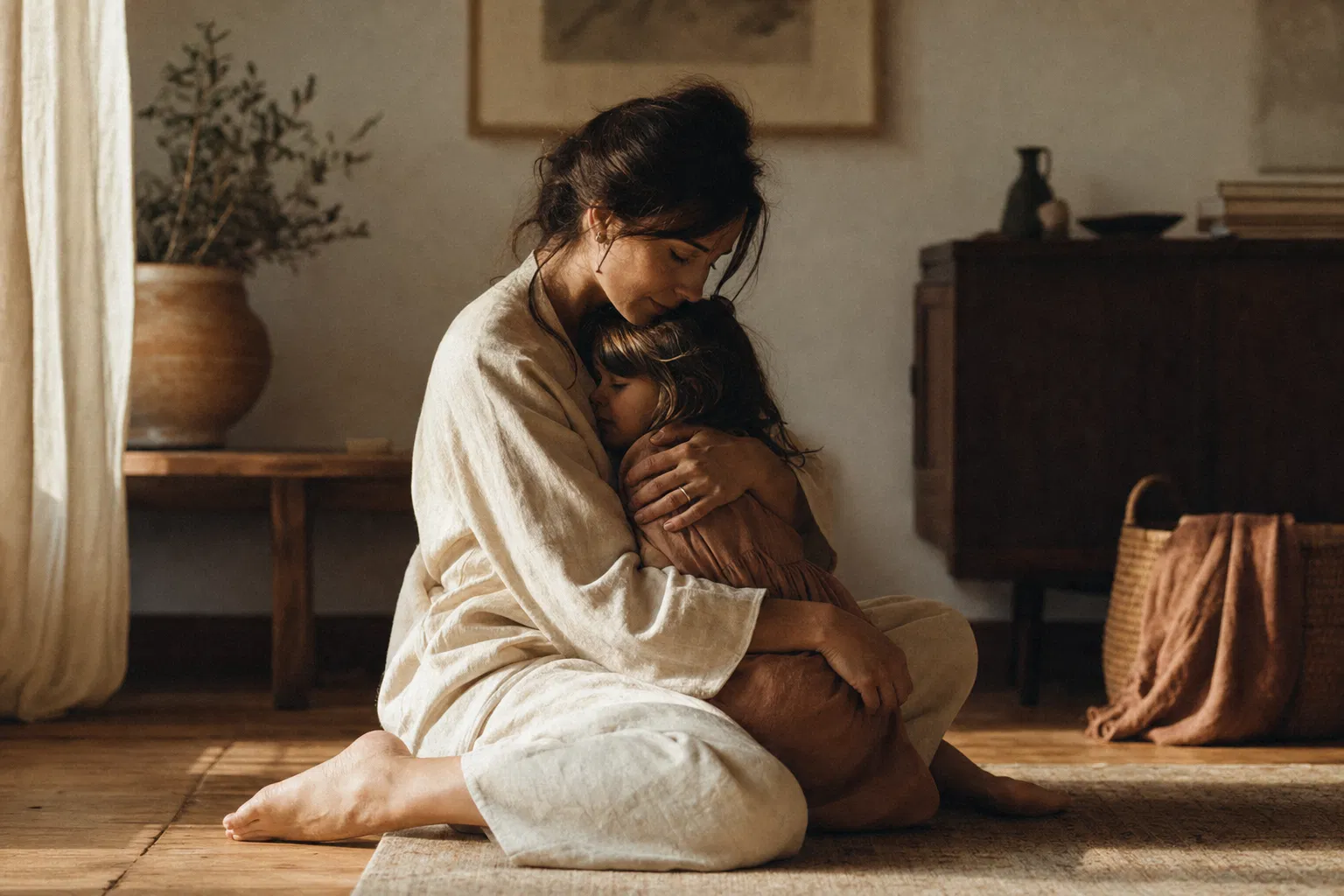 A parent holding their child in a tender moment of repair on the floor