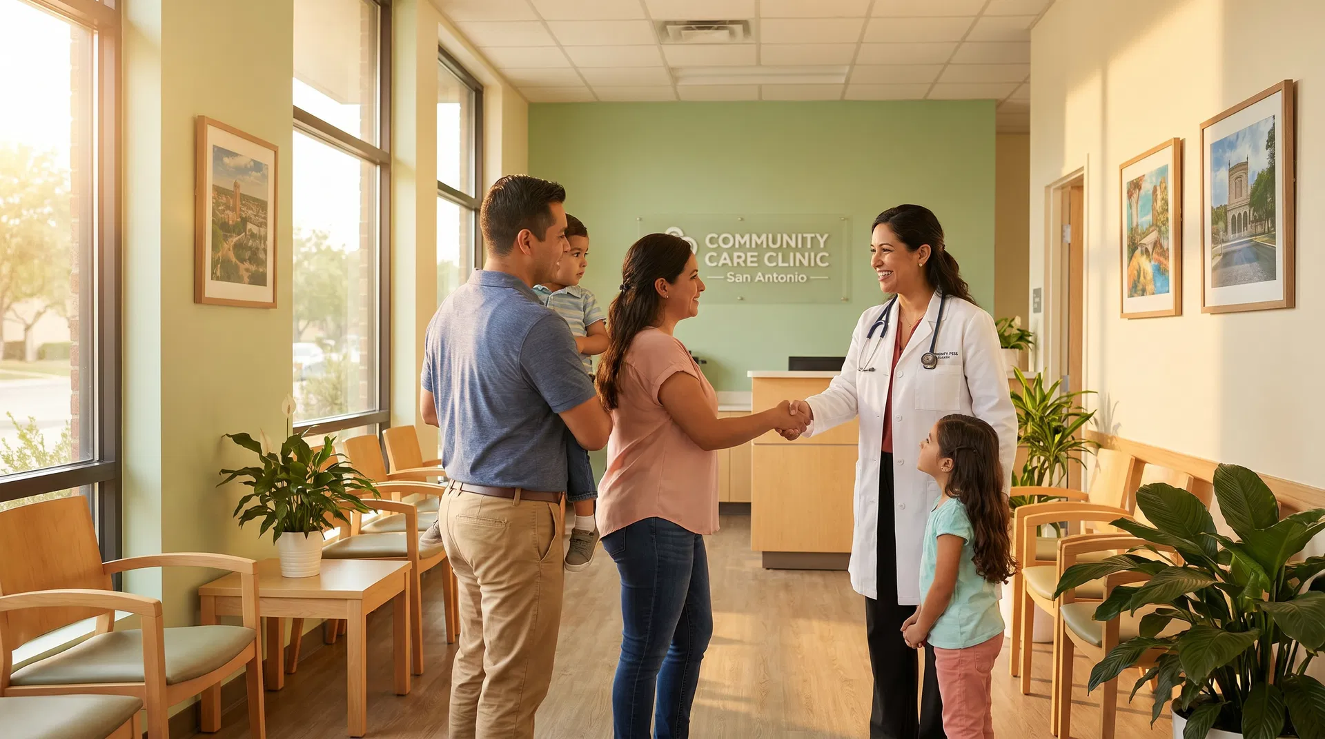 Familia hispana con médico en Clínica Familiar Ingram
