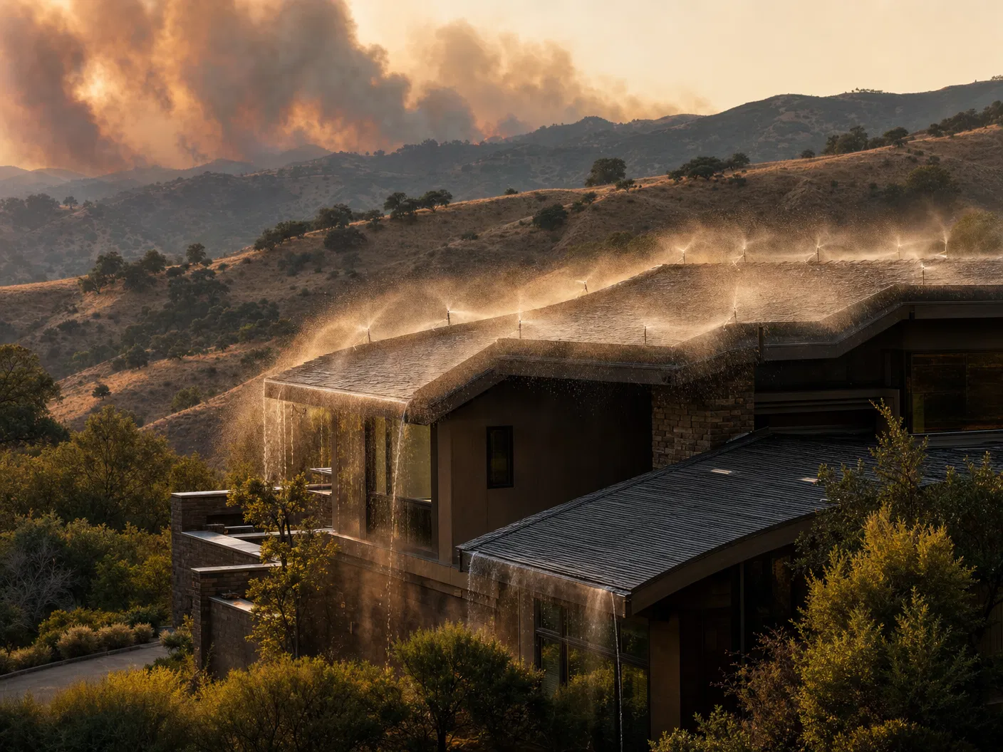 Exterior wildfire spray system protecting a home