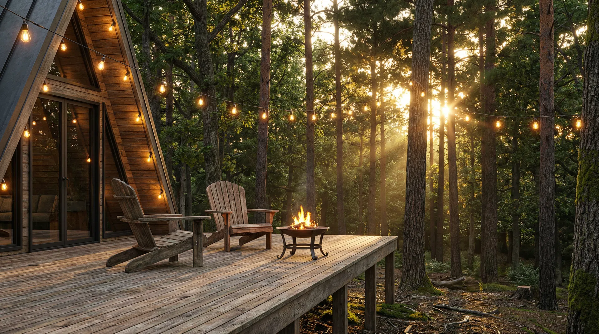 A-Frame cabin elevated deck with Adirondack chairs overlooking Ozarks forest at sunset — Holiday Island AR
