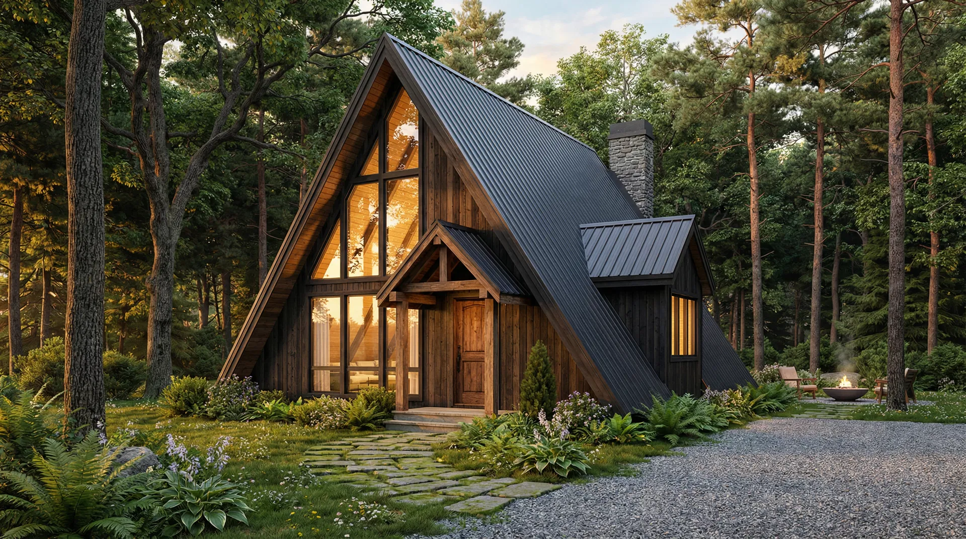 A-Frame cabin front facade with cedar siding and triangular glass windows in Holiday Island AR autumn forest