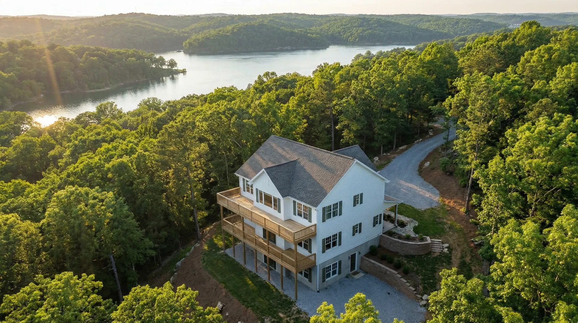 Aerial drone view of two-story vacation home on Holiday Island AR hillside lot with Beaver Lake visible in background