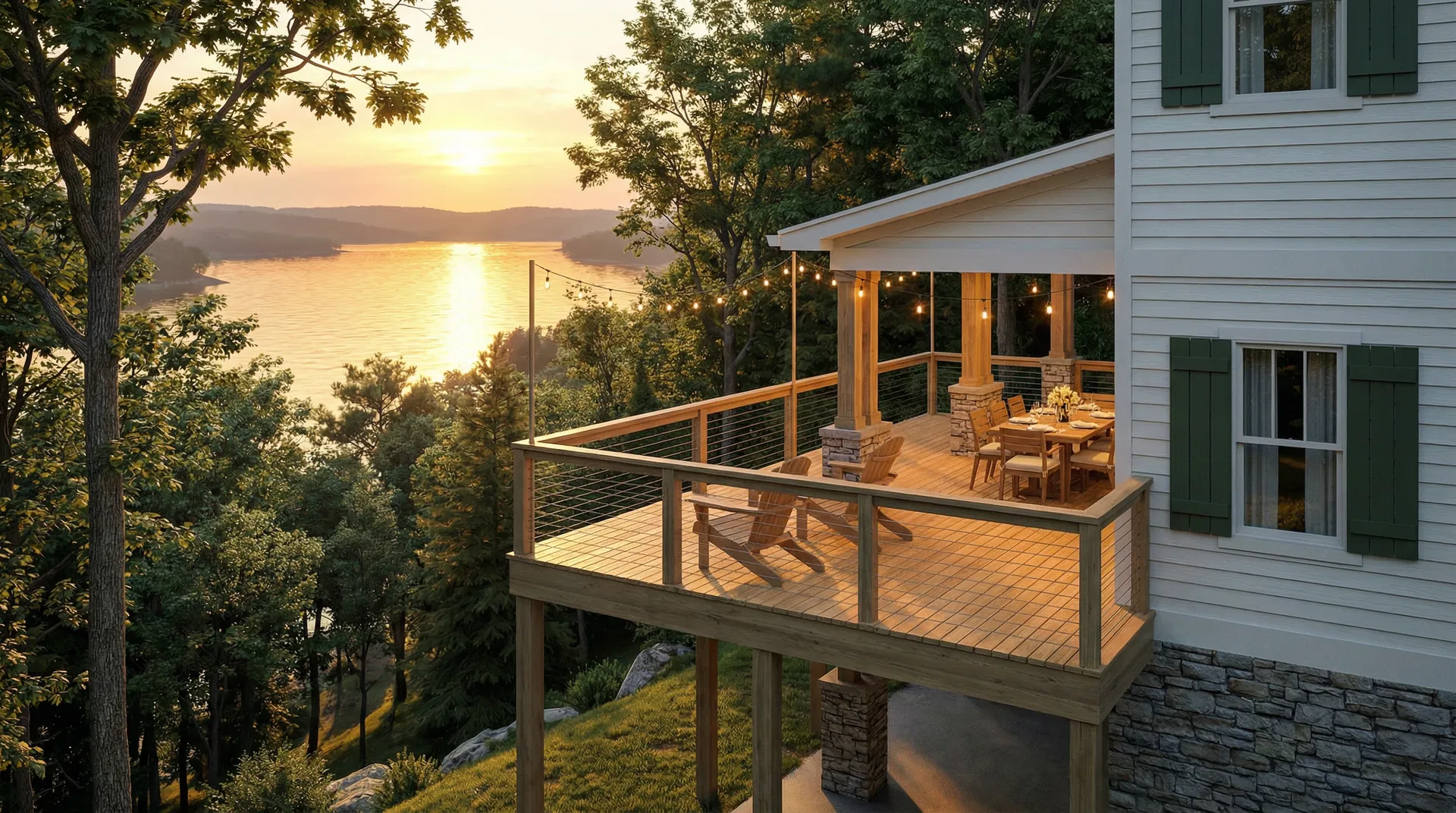 Second floor deck with cable railings overlooking Beaver Lake at sunset — Holiday Island vacation rental