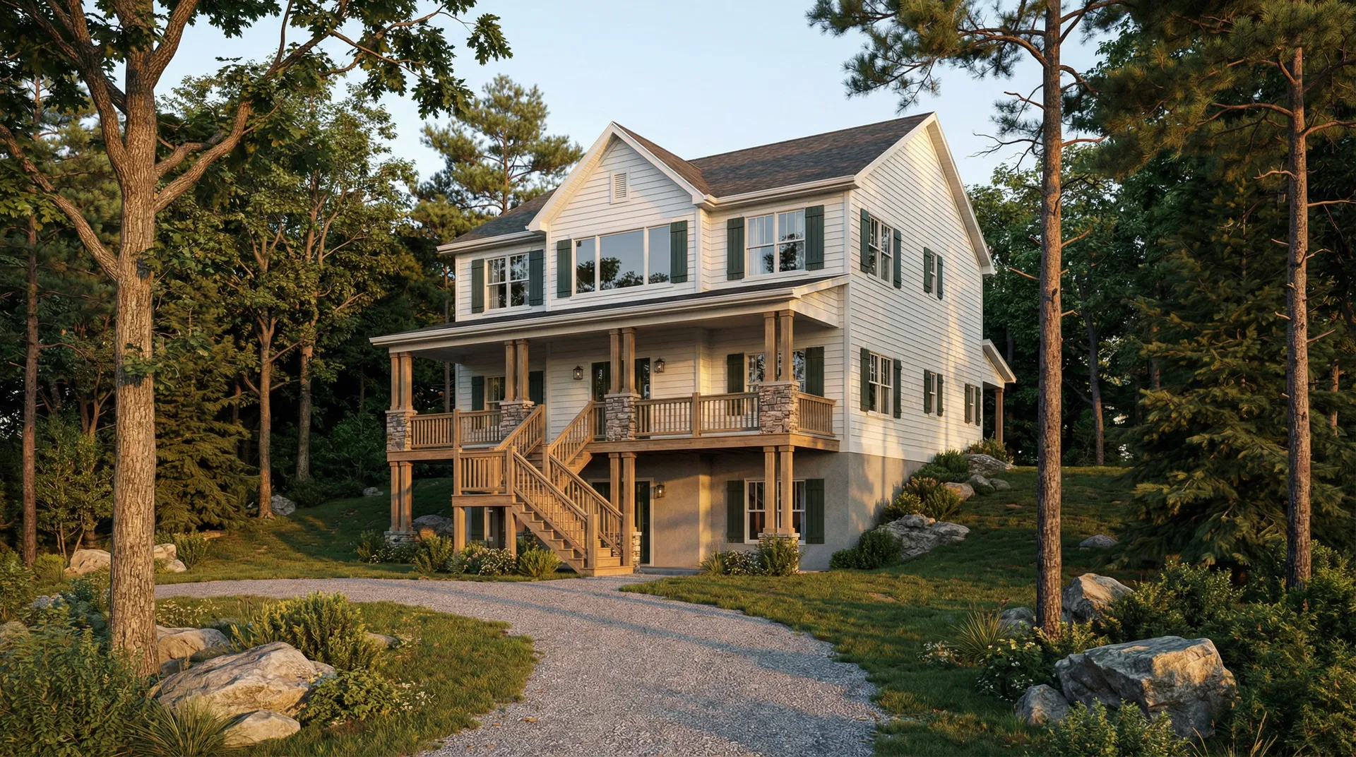 Front facade of two-story craftsman vacation home built into sloped lot in Holiday Island Arkansas Ozarks