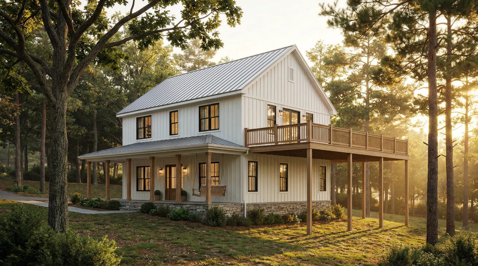 Front facade of two-story craftsman vacation home built into sloped lot in Holiday Island Arkansas Ozarks