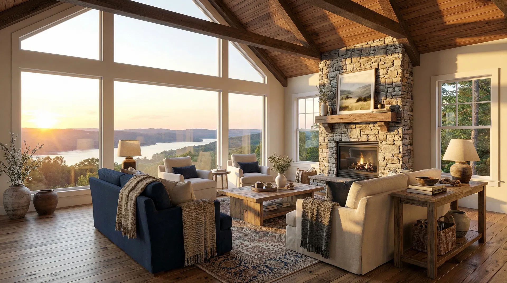 Second floor living room with panoramic lake view windows, stone fireplace and exposed beam ceiling