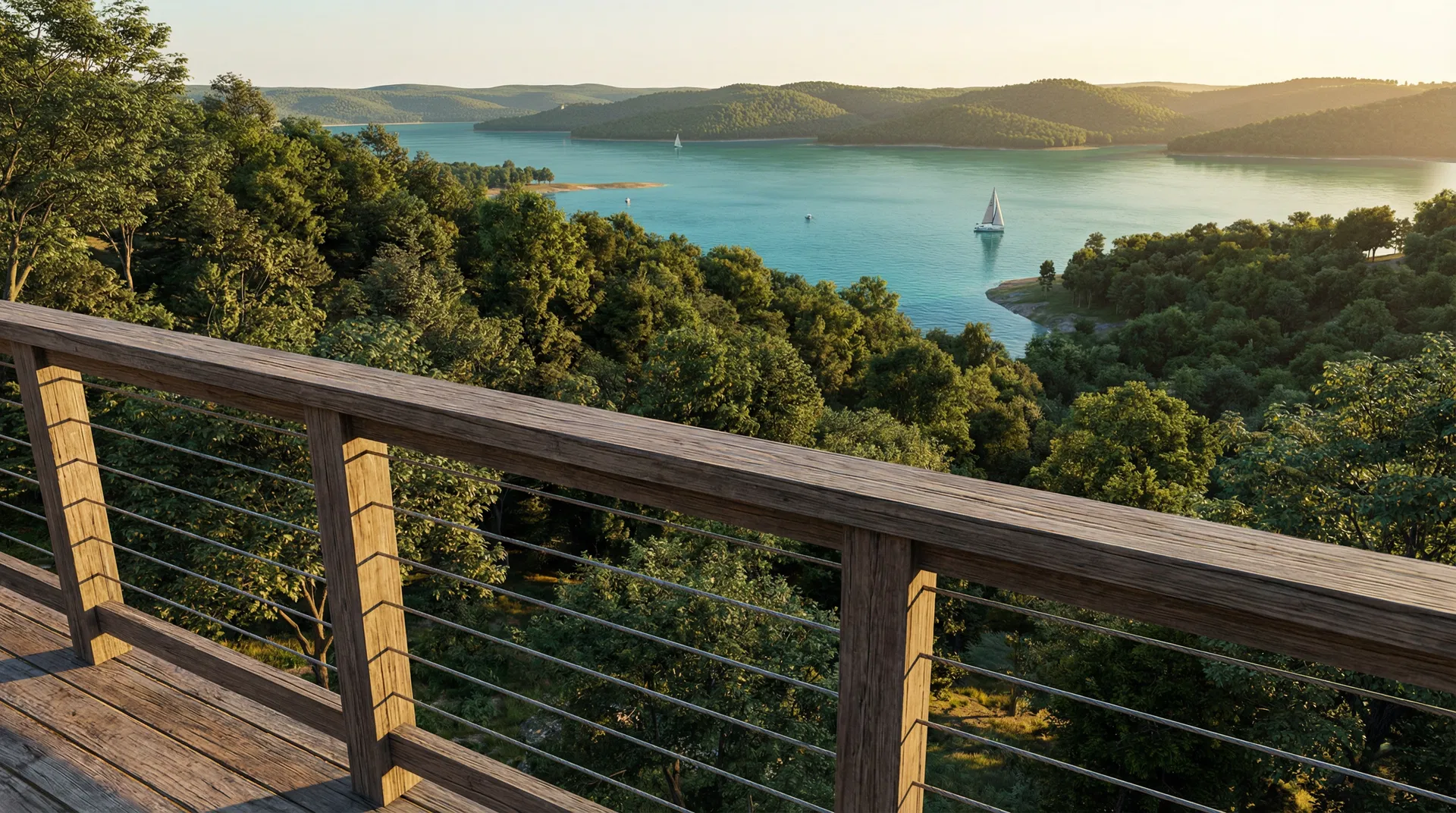Panoramic view of Beaver Lake from second floor deck of vacation home in Holiday Island AR