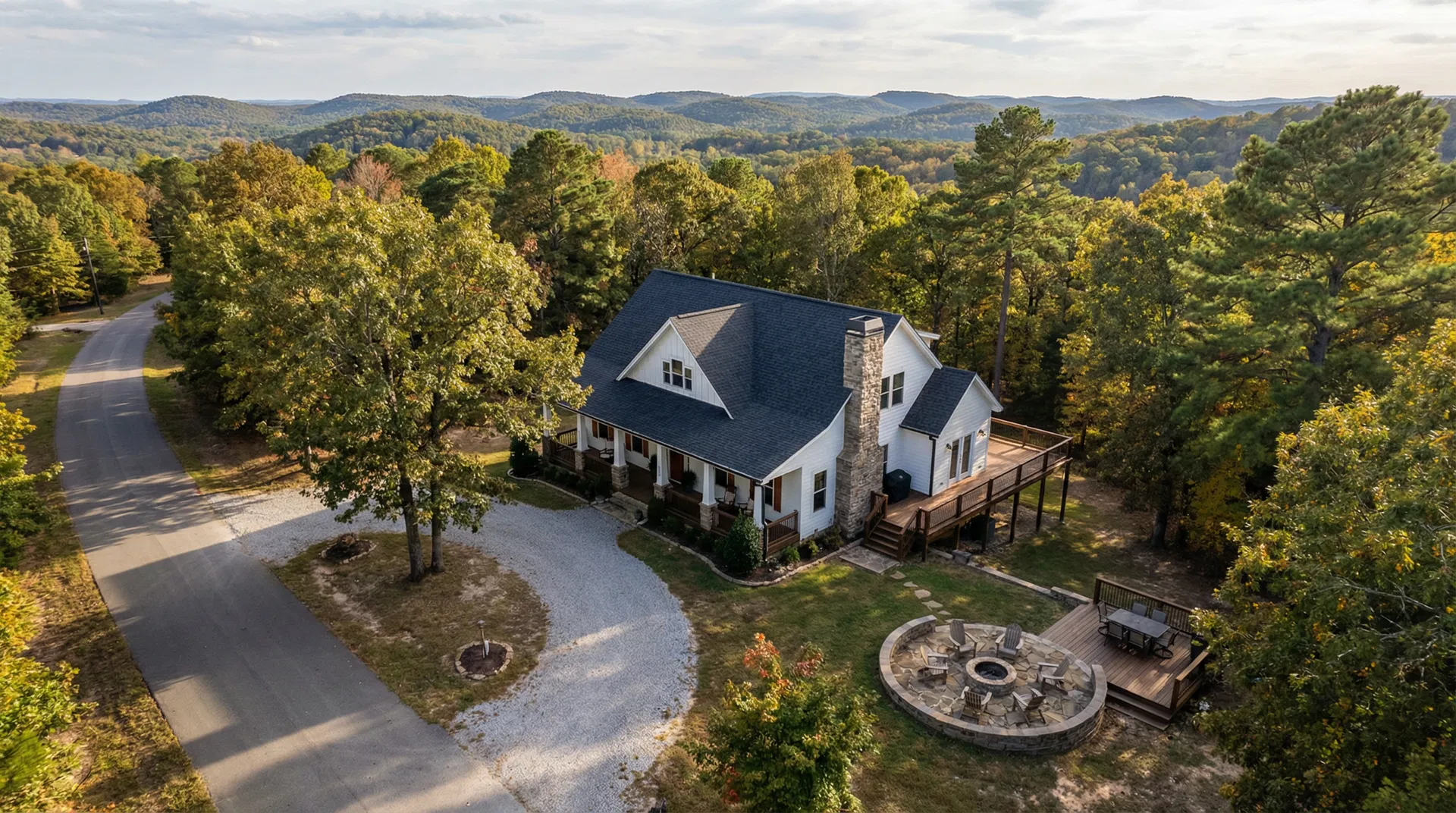 Aerial bird's-eye view 3D rendering of farmhouse on 0.45 acre Ozarks lot