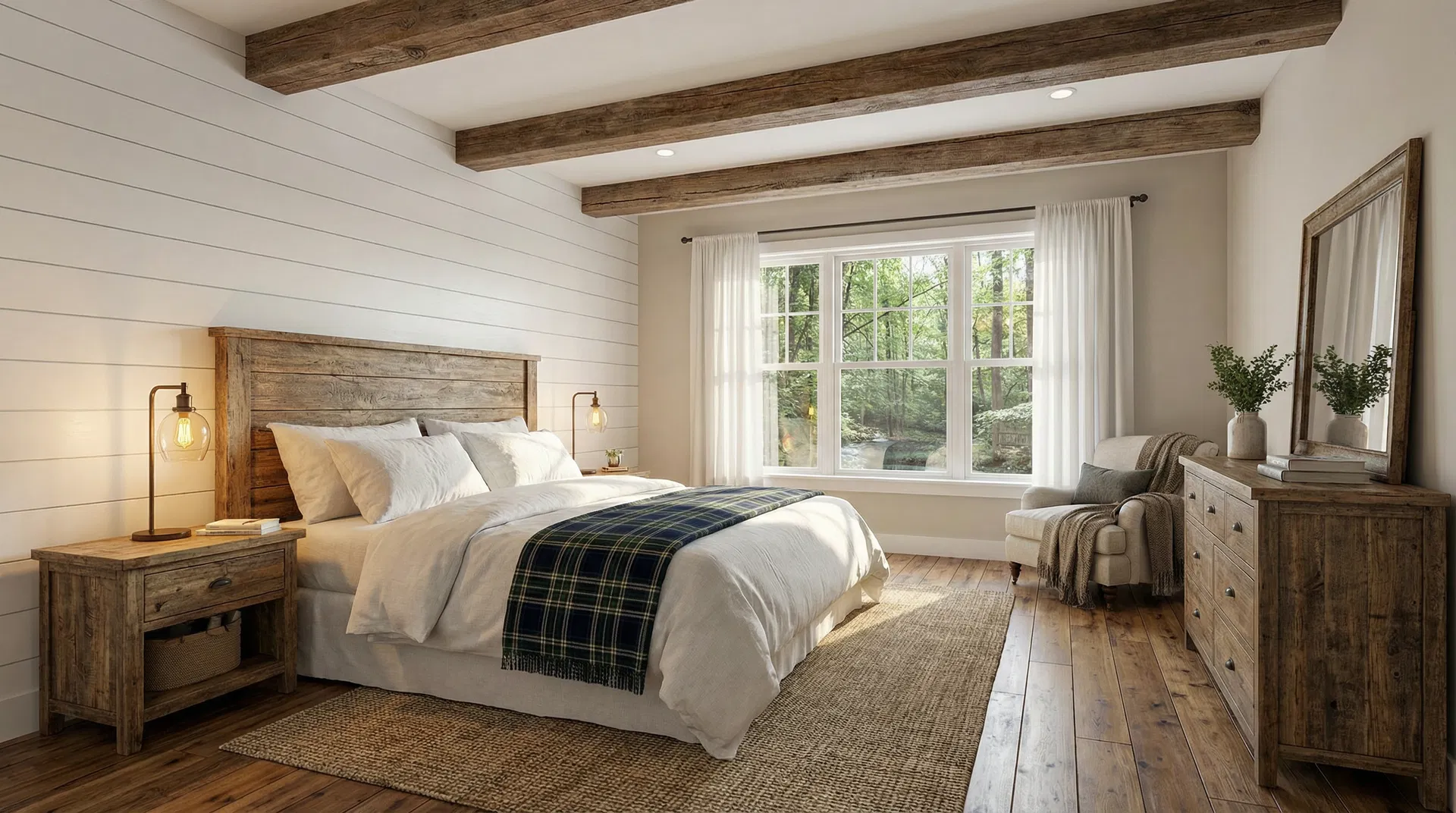 Master bedroom with shiplap wall, hardwood floors and forest view window