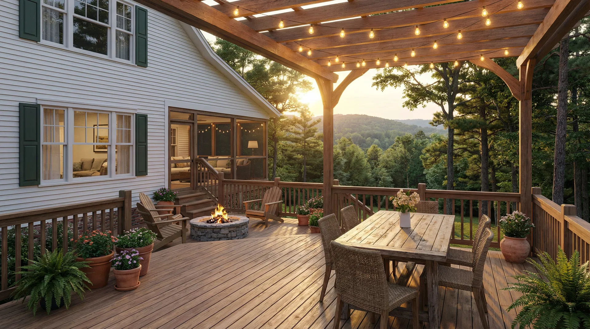 Back deck with pergola, fire pit and Ozarks view — vacation rental outdoor living