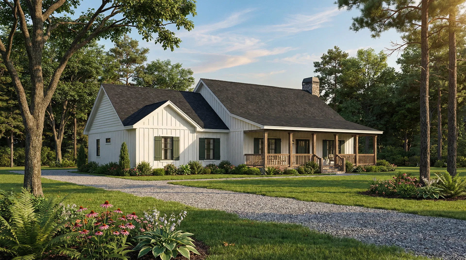 3D rendering front view of traditional American farmhouse on Holiday Island AR lot