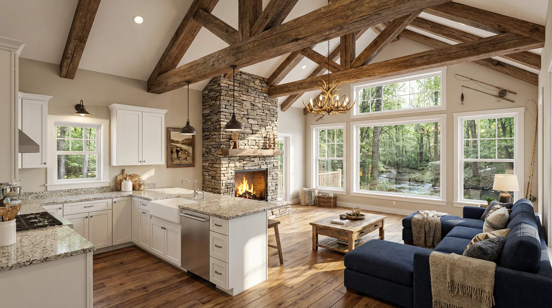 Open-concept living room and kitchen interior with stone fireplace and exposed beams