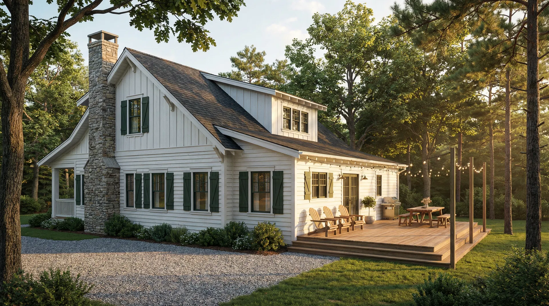 Side and rear view of 3D farmhouse rendering with deck and outdoor living area