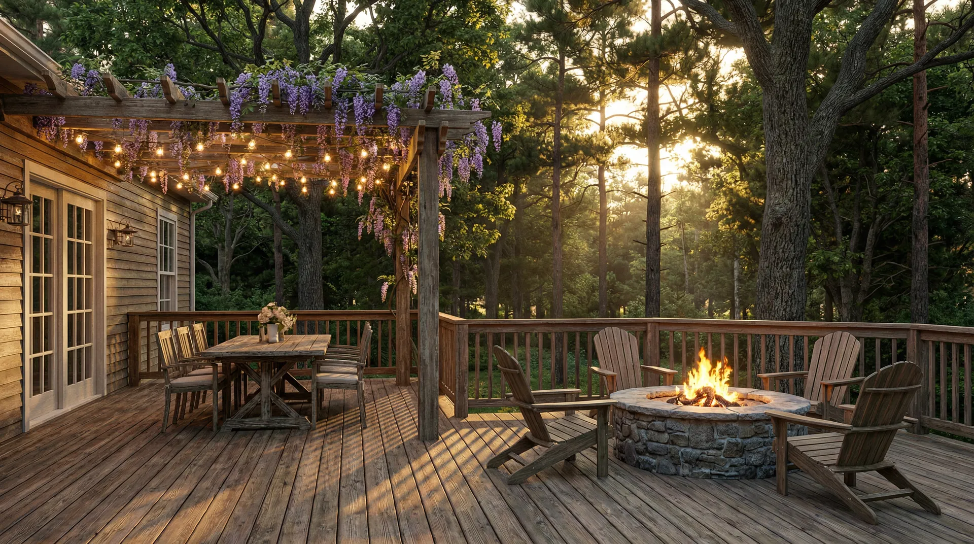 Upper deck of two-story craftsman home with panoramic Ozarks forest view in Holiday Island AR