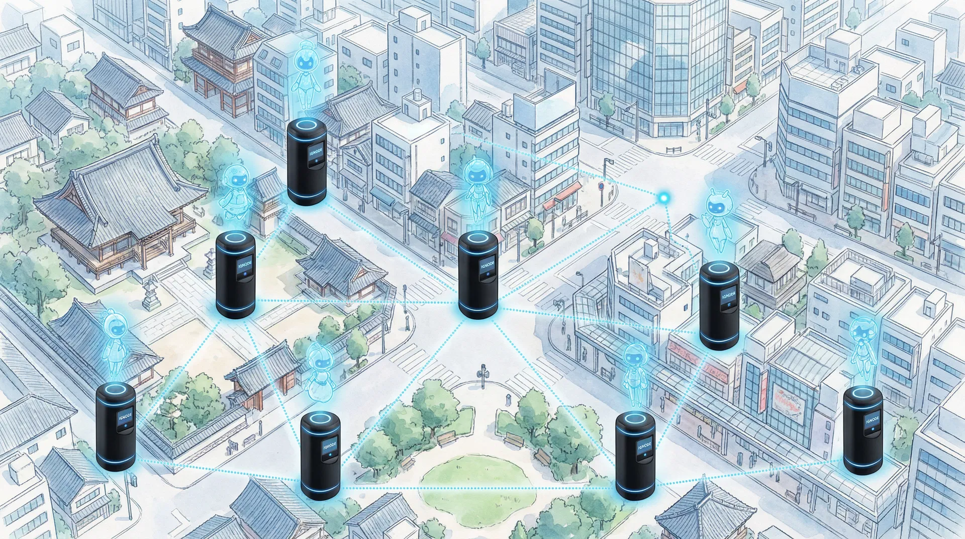 IGNODE Network 概念図 — 都市全体に配置されたIGNODEノードがネットワークで接続される様子