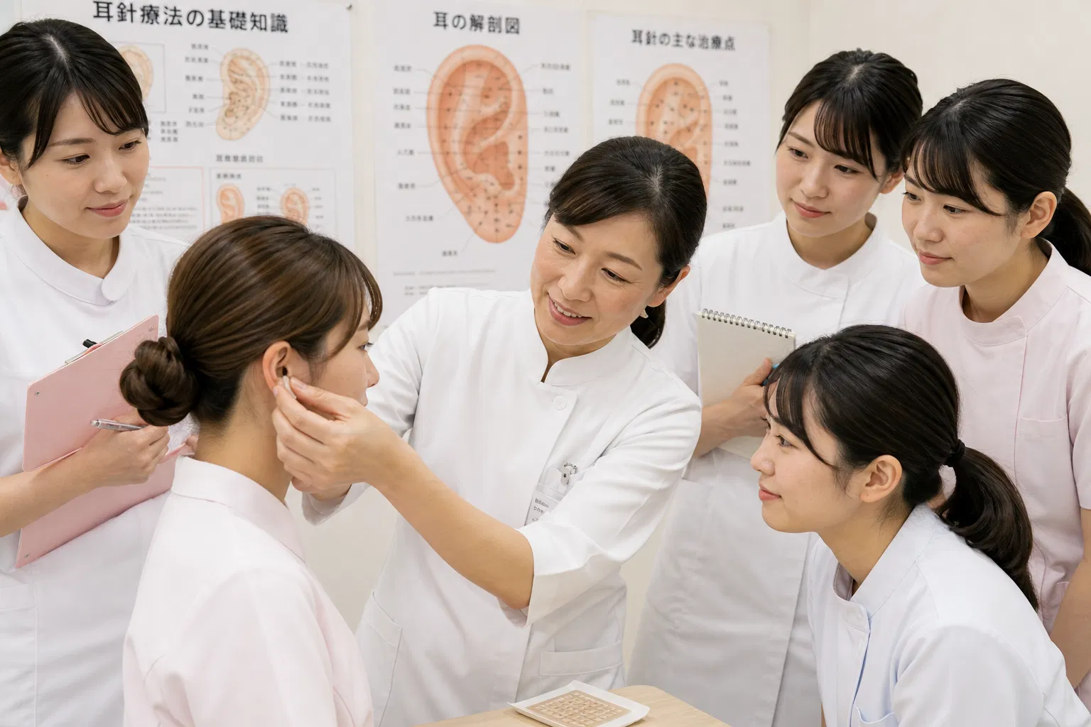 対面講座で耳つぼの実技を学ぶ受講生