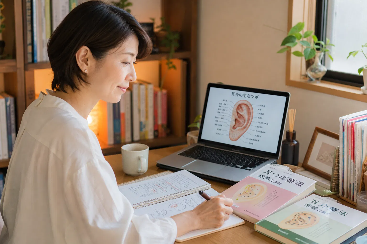 自宅でオンライン耳つぼ講座を受講する女性