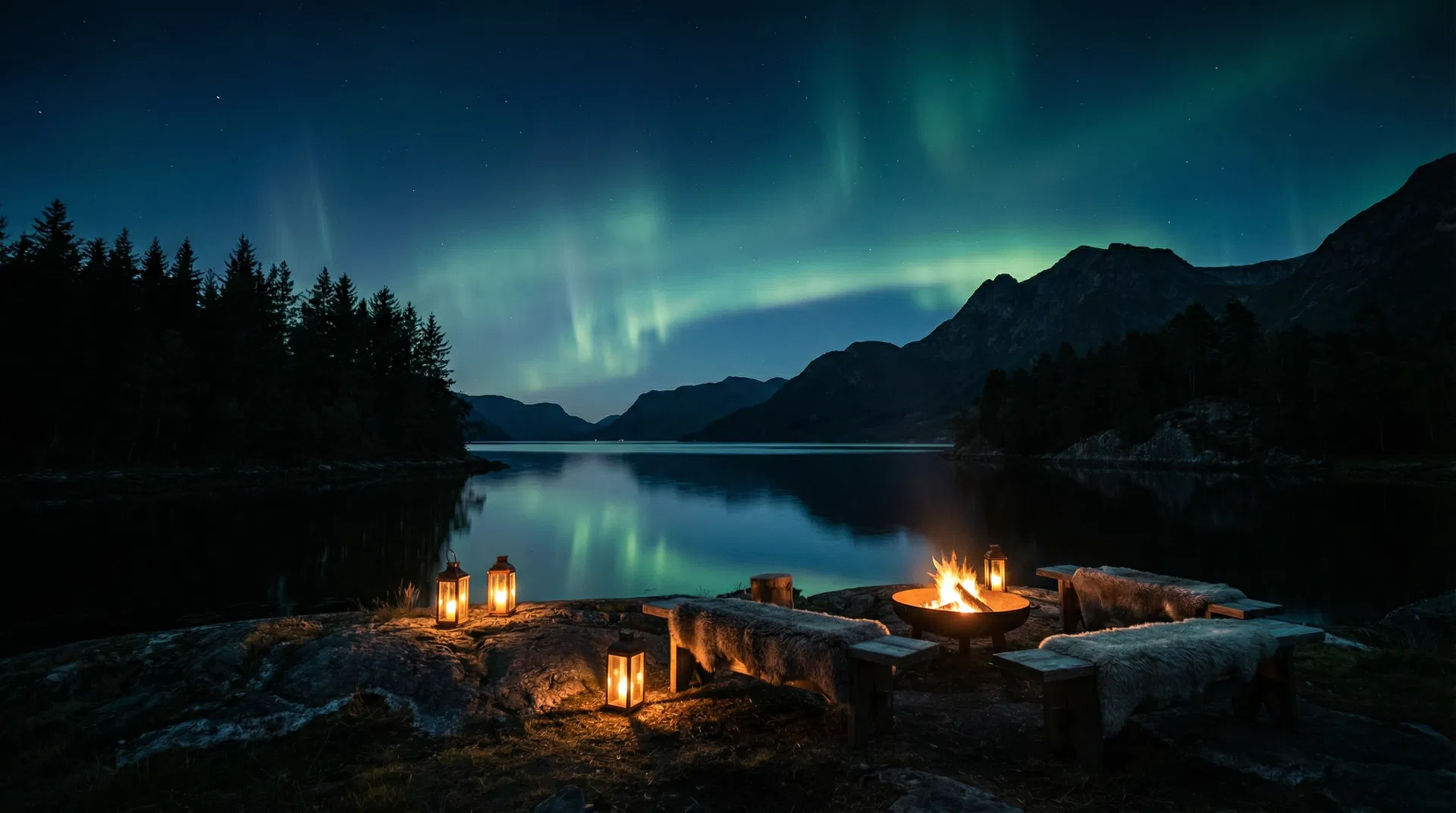 Nordic night landscape with aurora borealis